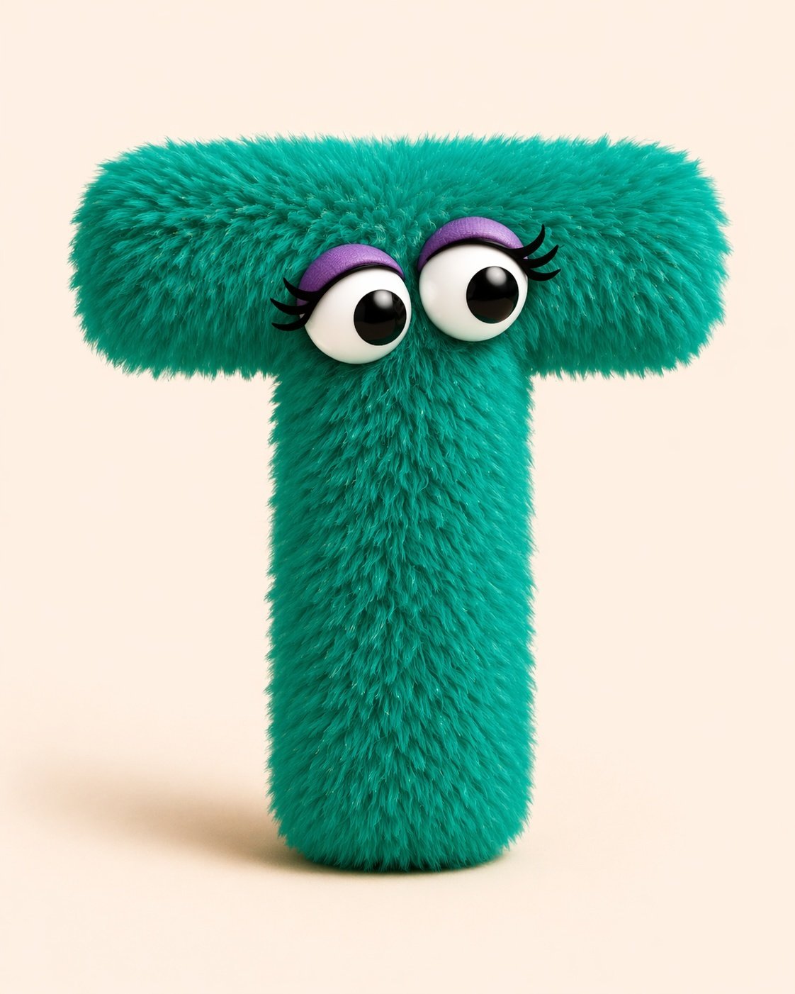 An AI generated image of a whimsical, green furred, anthropomorphic letter T. The T has googly eyes with curly eyelashes in the style of a Jim Henson Muppet.