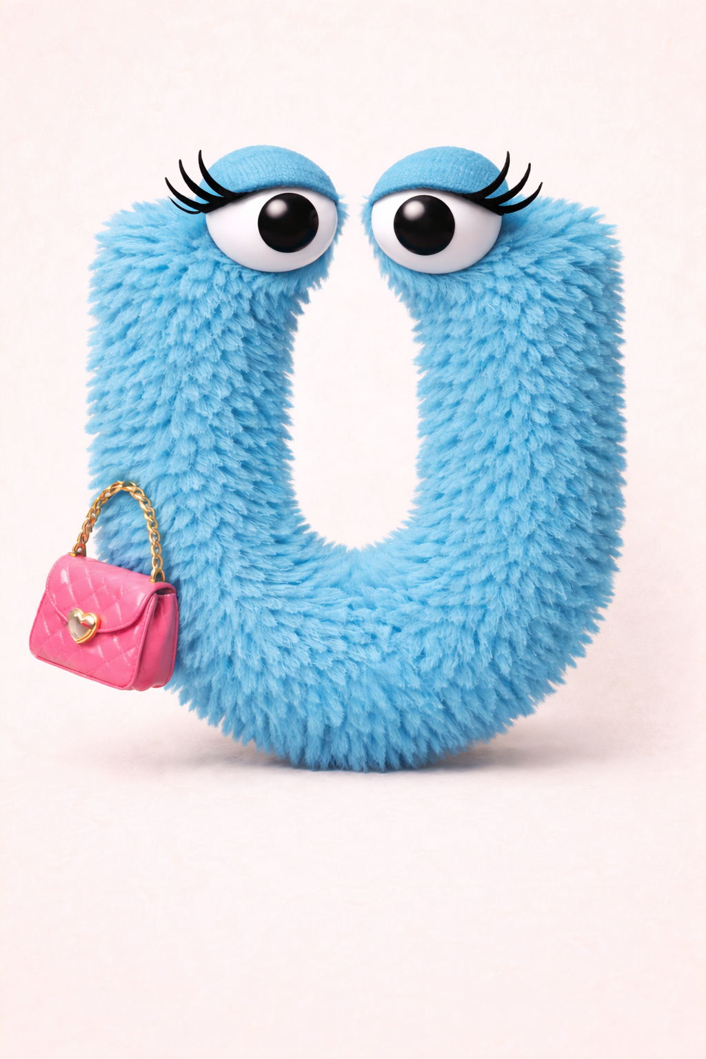 An AI generated image of a whimsical, blue furred, anthropomorphic letter U. The U has googly eyes with curly eyelashes in the style of a Jim Henson Muppet.