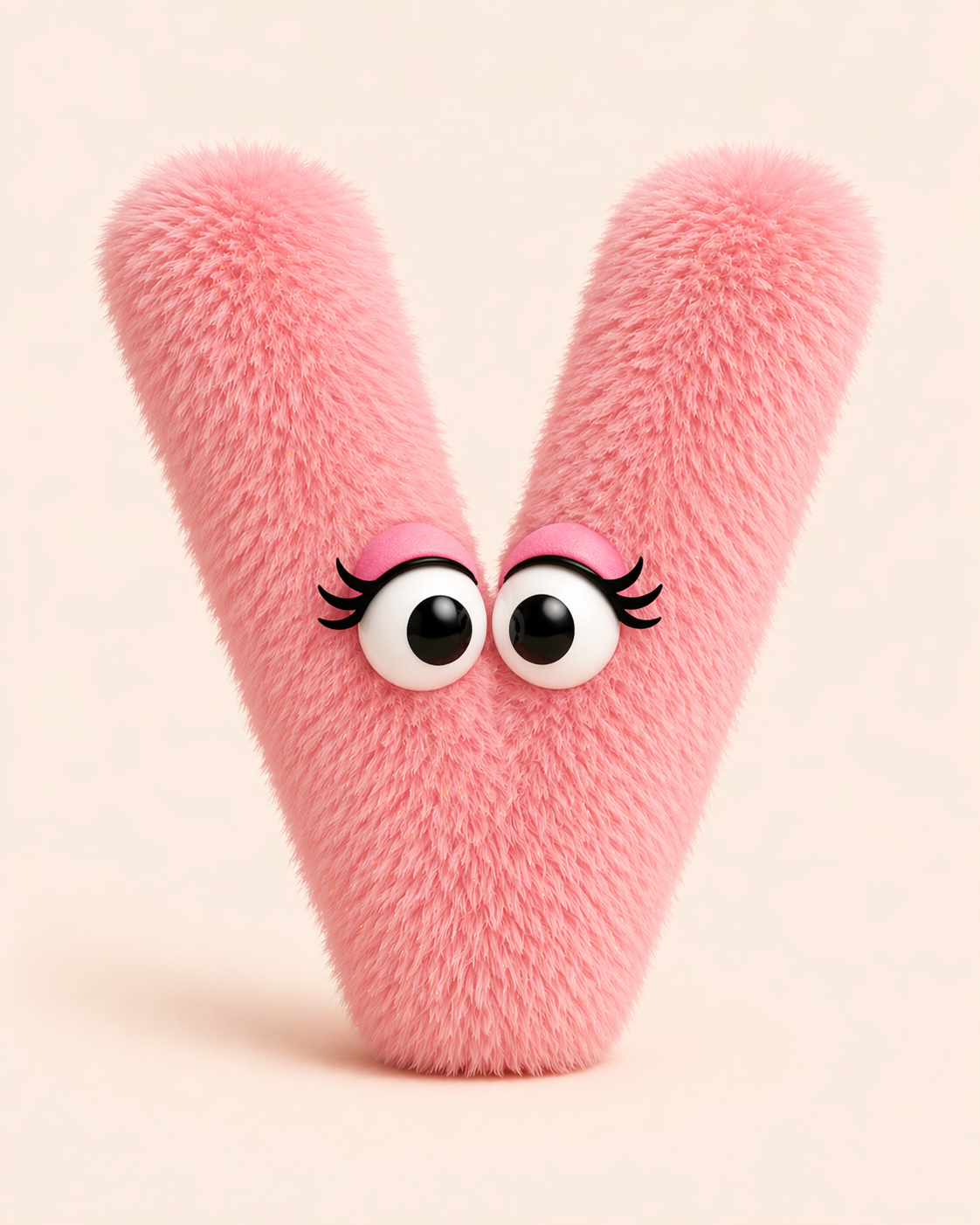 An AI generated image of a whimsical, pink furred, anthropomorphic letter V. The V has googly eyes with curly eyelashes in the style of a Jim Henson Muppet.