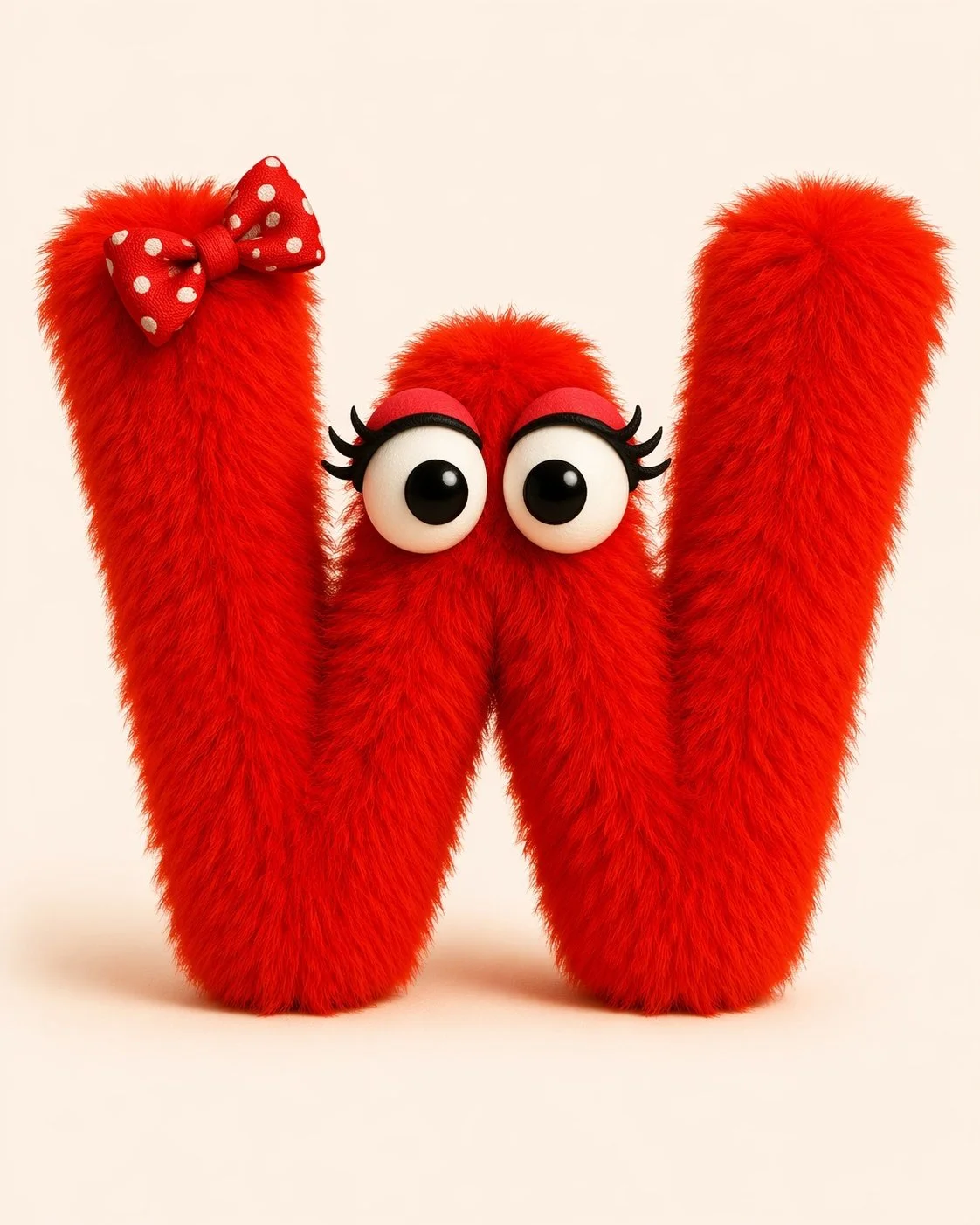 An AI generated image of a whimsical, red furred, anthropomorphic letter W. The W has googly eyes with curly eyelashes in the style of a Jim Henson Muppet.