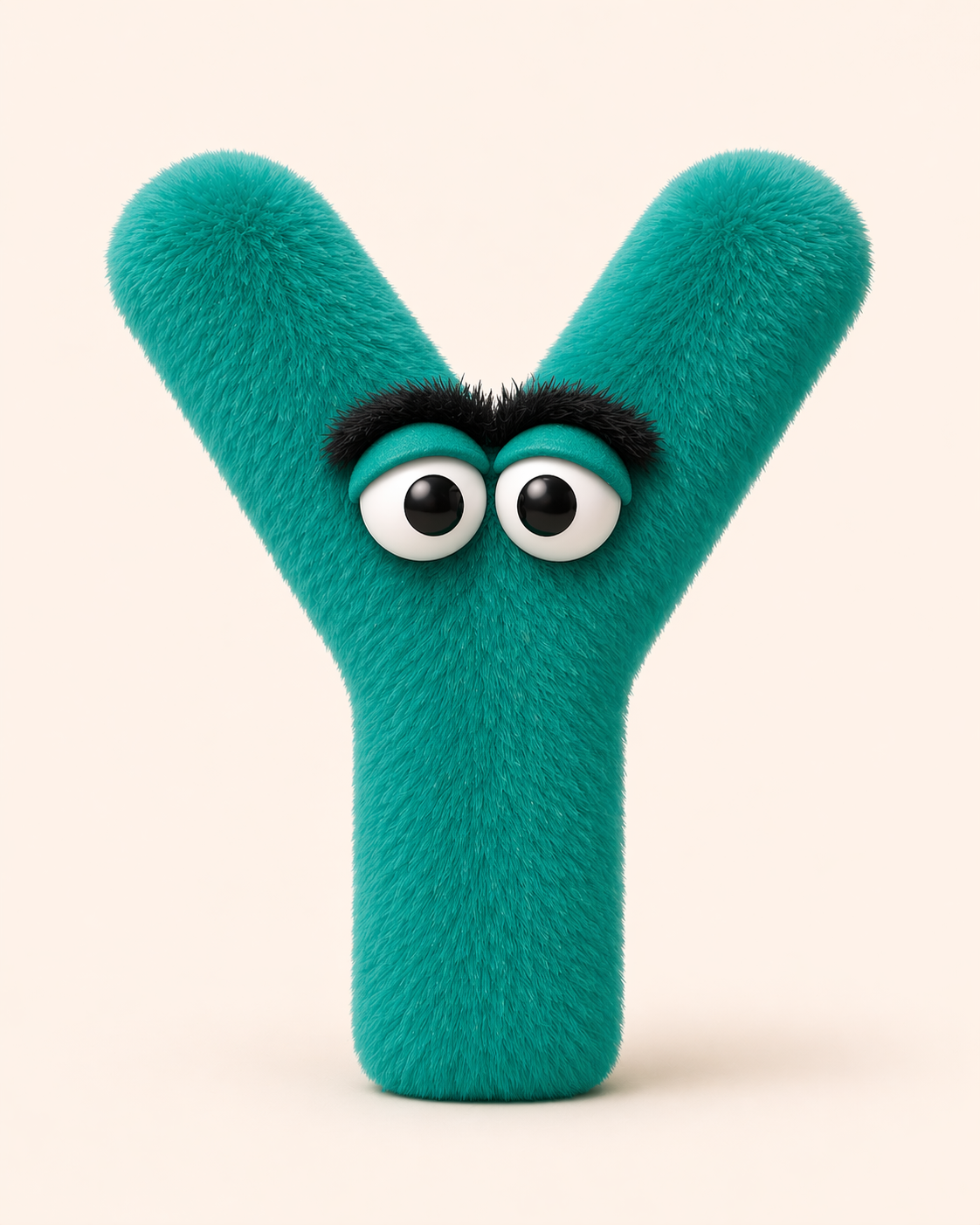 An AI generated image of a whimsical, green furred, anthropomorphic letter Y. The Y has googly eyes and unibrow in the style of a Jim Henson Muppet.