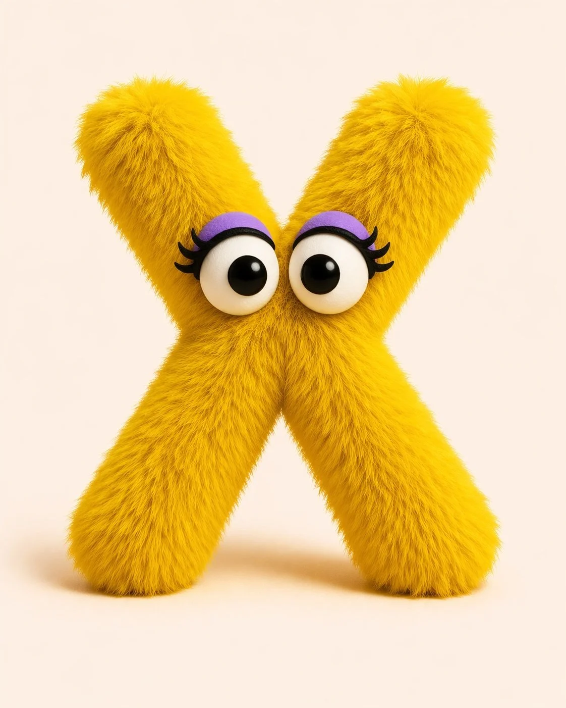 An AI generated image of a whimsical, yellow furred, anthropomorphic letter X. The X has googly eyes with curly eyelashes in the style of a Jim Henson Muppet.