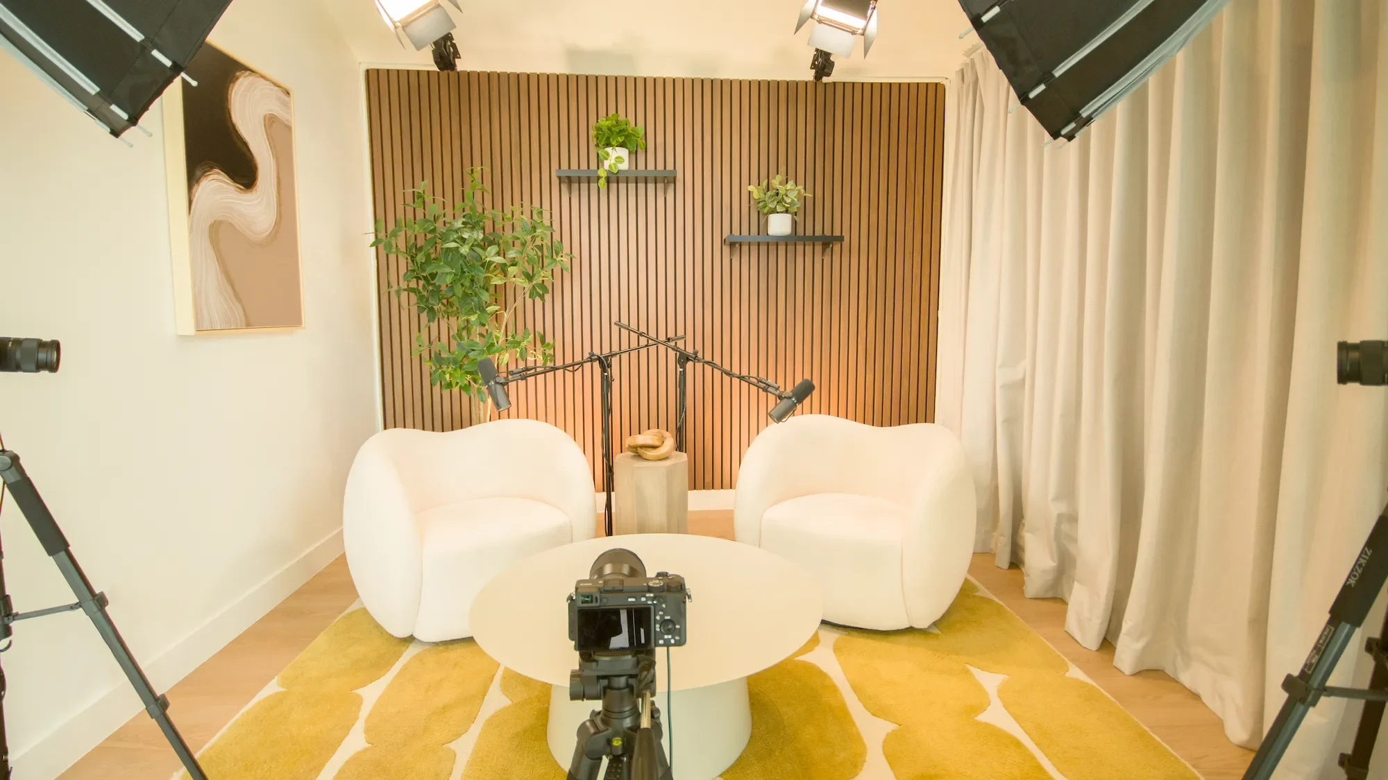 Light Studio recording setup at Venice Podcast Studio in Los Angeles, featuring two white chairs, a wood slat accent wall, professional lighting, and multi-camera video production equipment