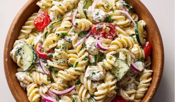 Peachy Tzatziki Pasta Salad
