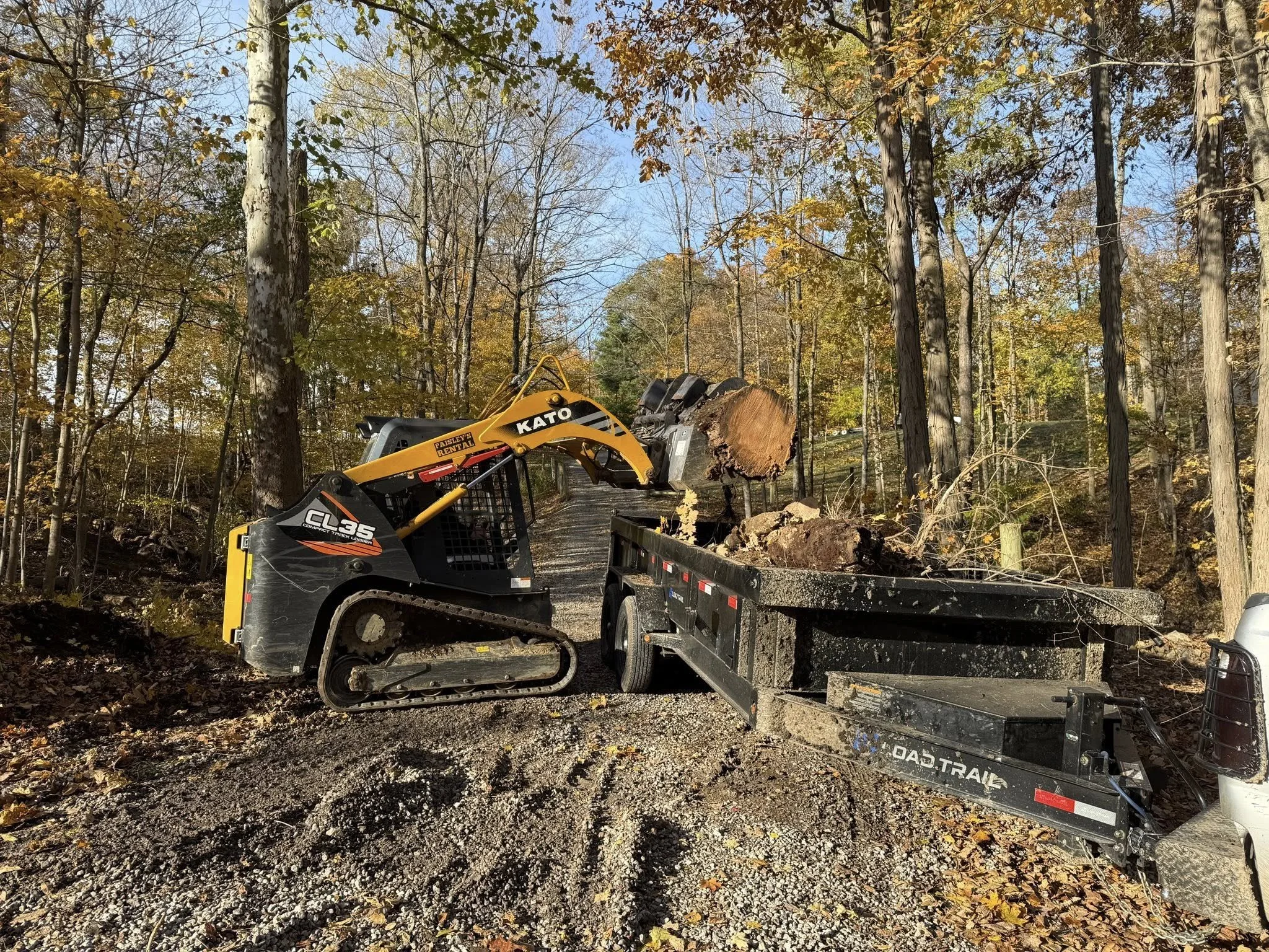 A tracked skid steer loader lifting and dumping a large log into a flatbed trailer after clearing land and debris through a woods in Alexandria, Ohio.