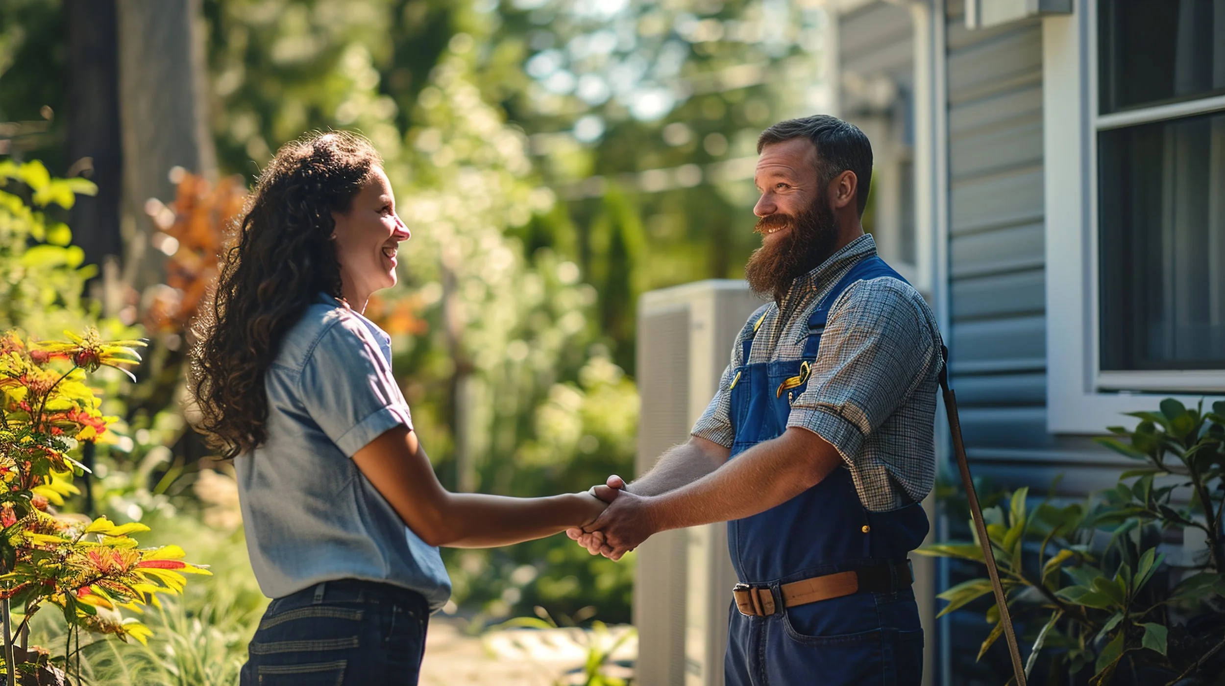 A man and woman are smiling and holding hands in a garden, with trees and a house in the background.
