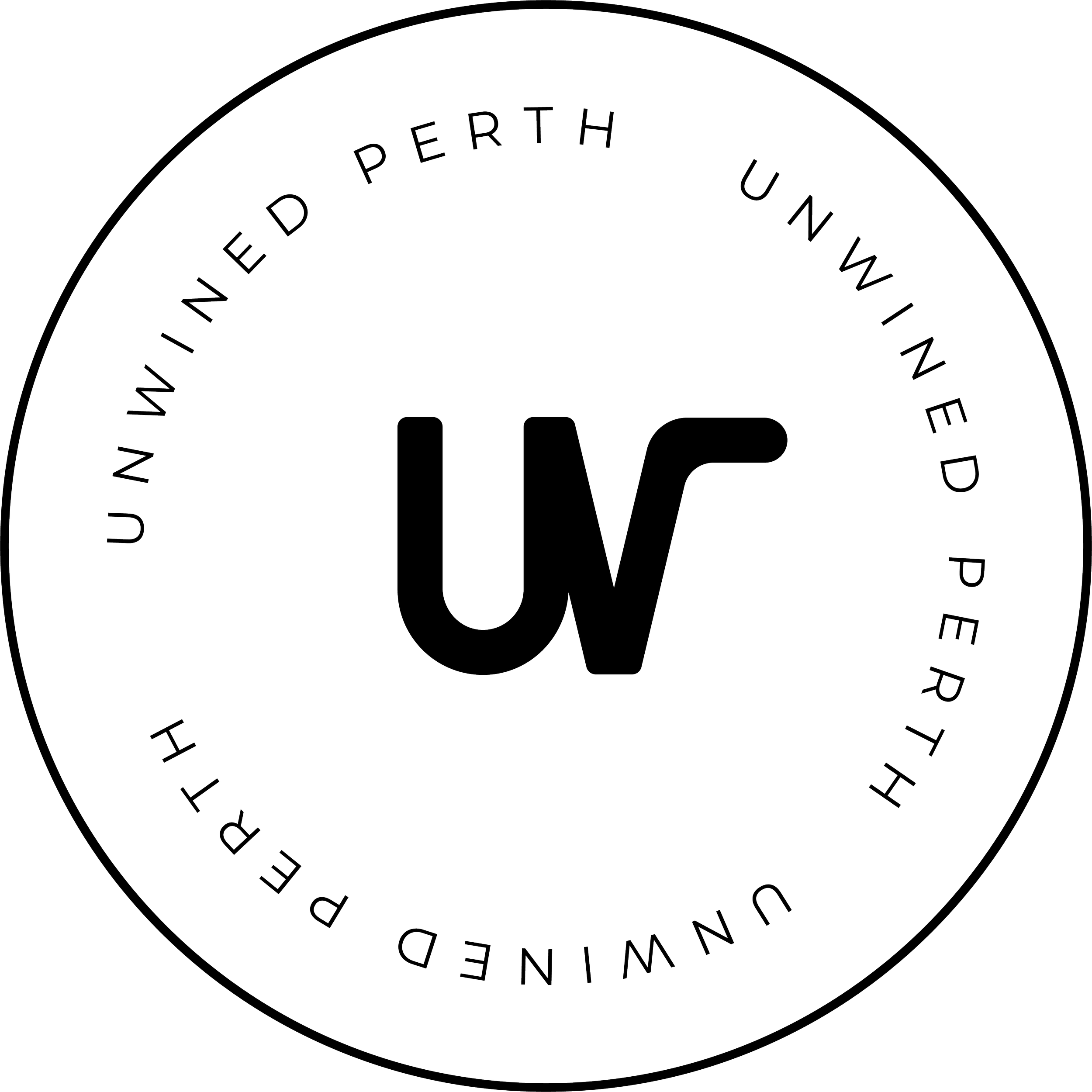 Circular logo with the letters "UW" in the center. Around the circle, the text reads "UNWINED PERTH" and "PEERATH" along with "UPWINDED PERTH" and "UNWINDING WITH PERTH."