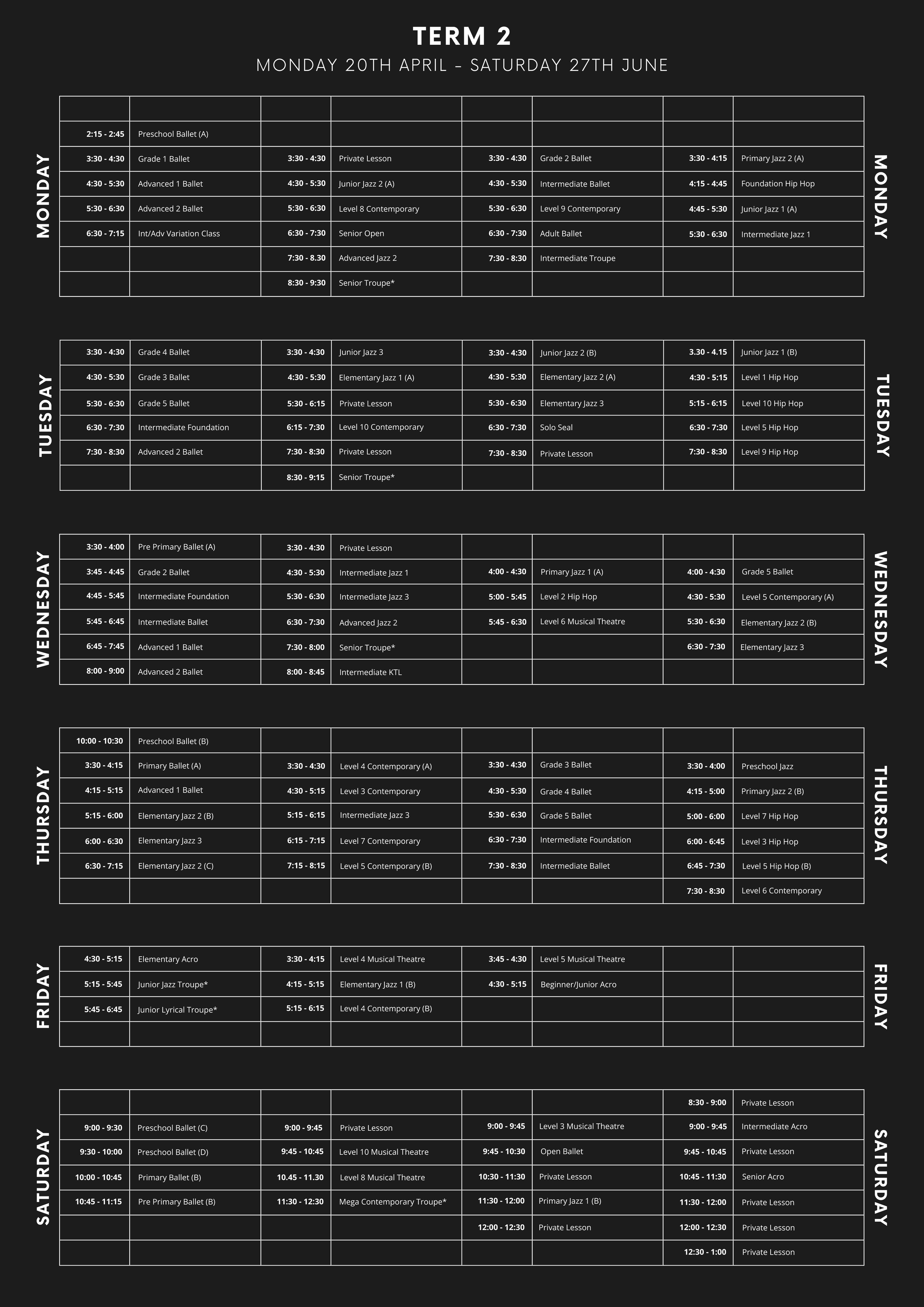 Weekly dance class schedule for Term 2, running from April 20th to June 27th, displayed in a black and white timetable grid format with classes listed for each weekday and time slots.