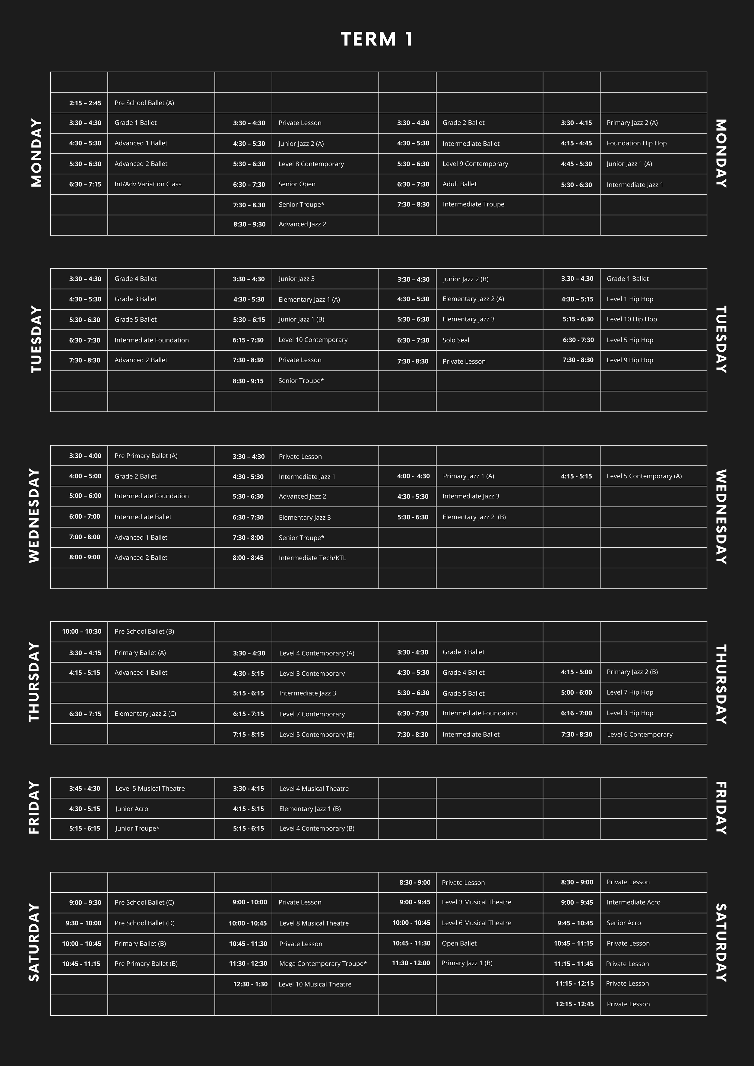 Weekly dance class schedule for various age groups on a black background, organized by days and times.