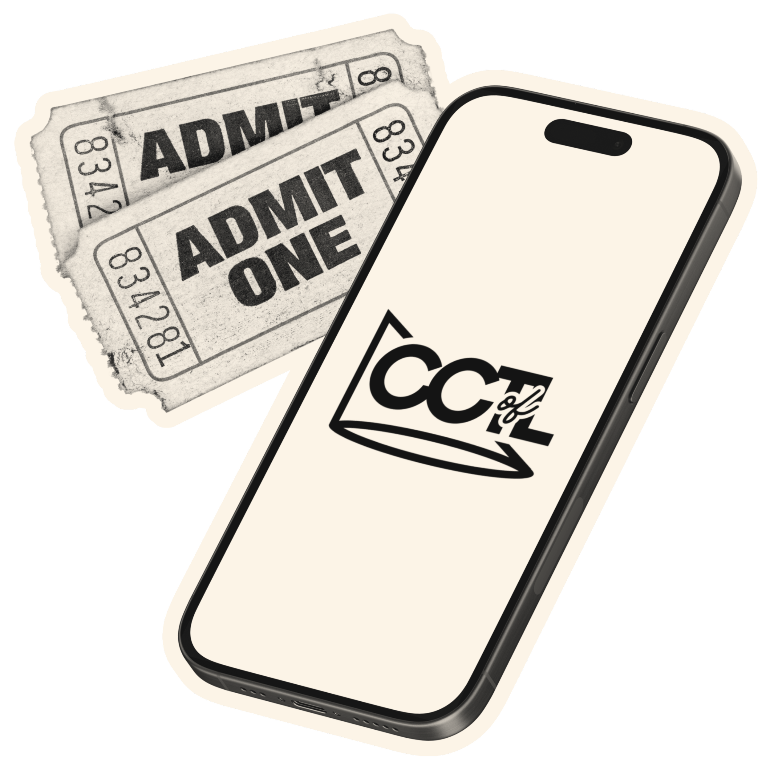 A smartphone displaying a logo for CCL and two admission tickets with the text 'ADMIT ONE'.
