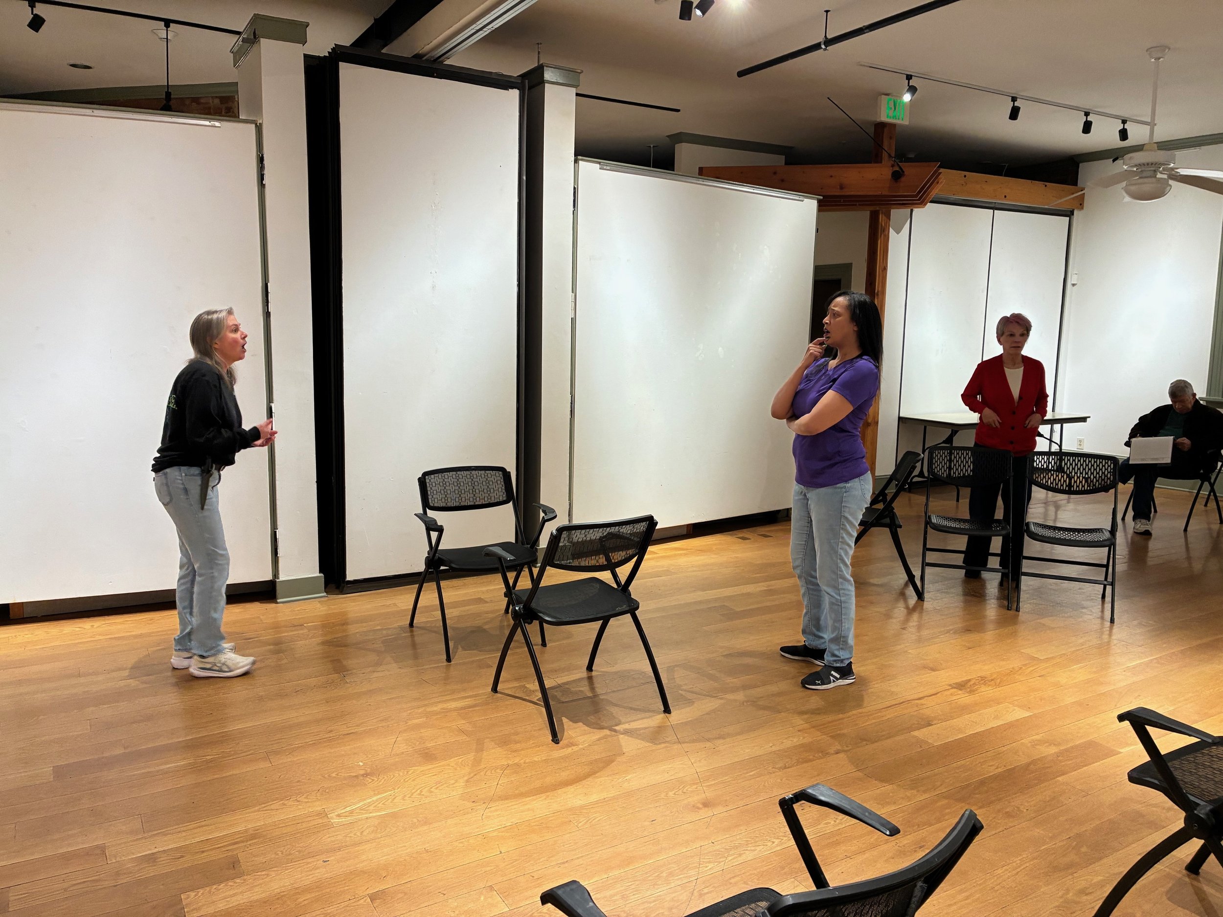  Beth Davis, Rav’n Moon &amp; Margaret Casart in rehearsal  **Photo by** Lynn Fleming 