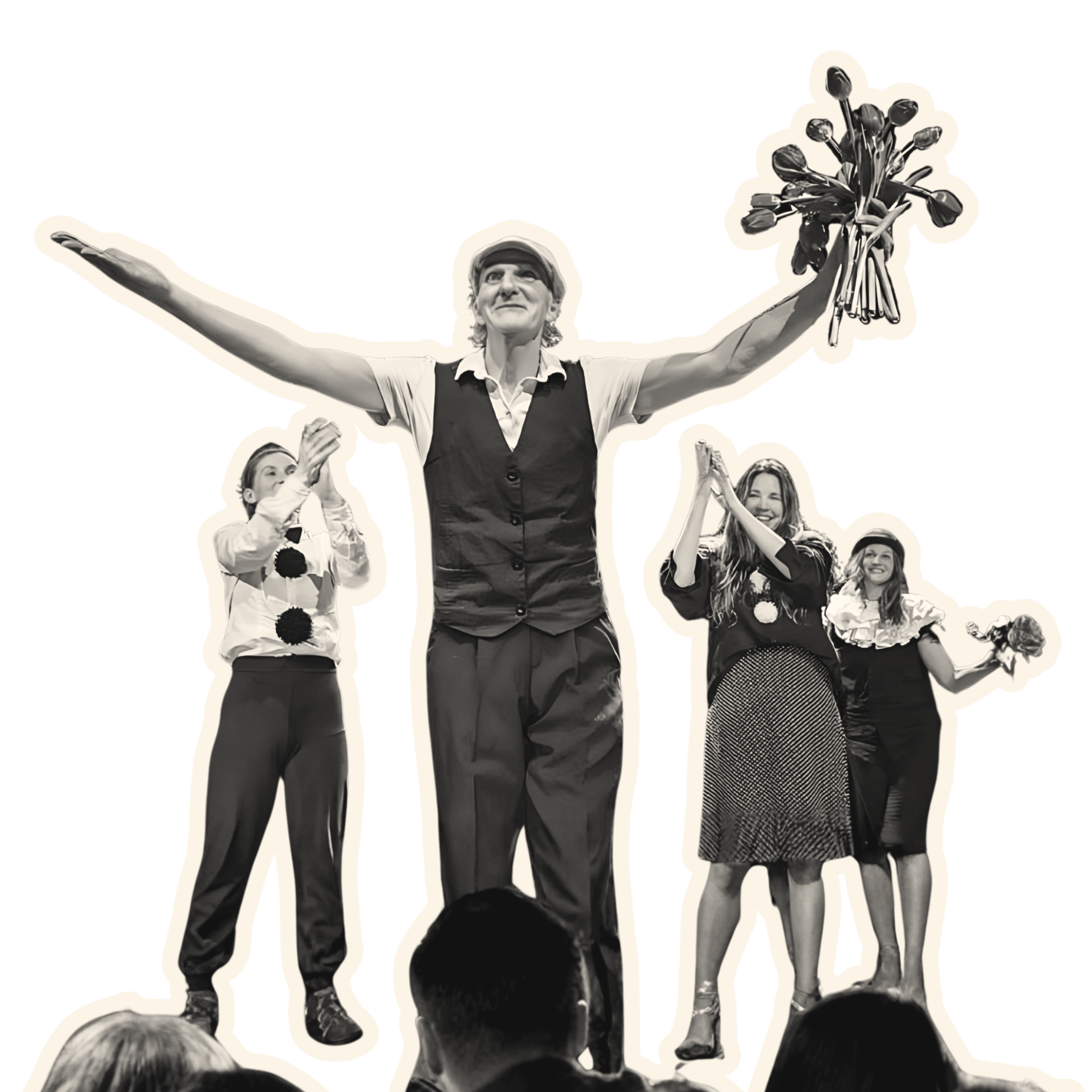 A performer on stage with three women clapping and smiling in the background, holding flowers and trophies.