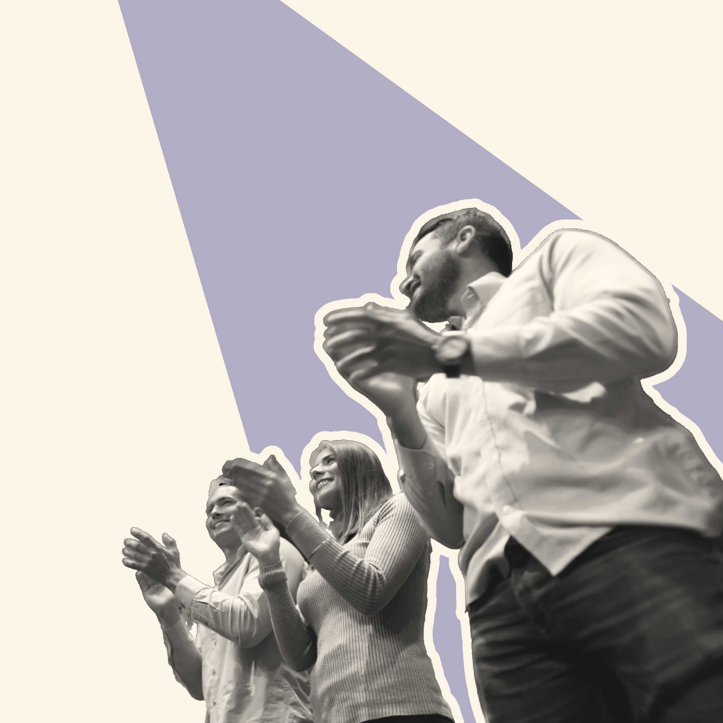 Four people clapping, three women and one man, all smiling, in a stylized illustration with a purple geometric background.