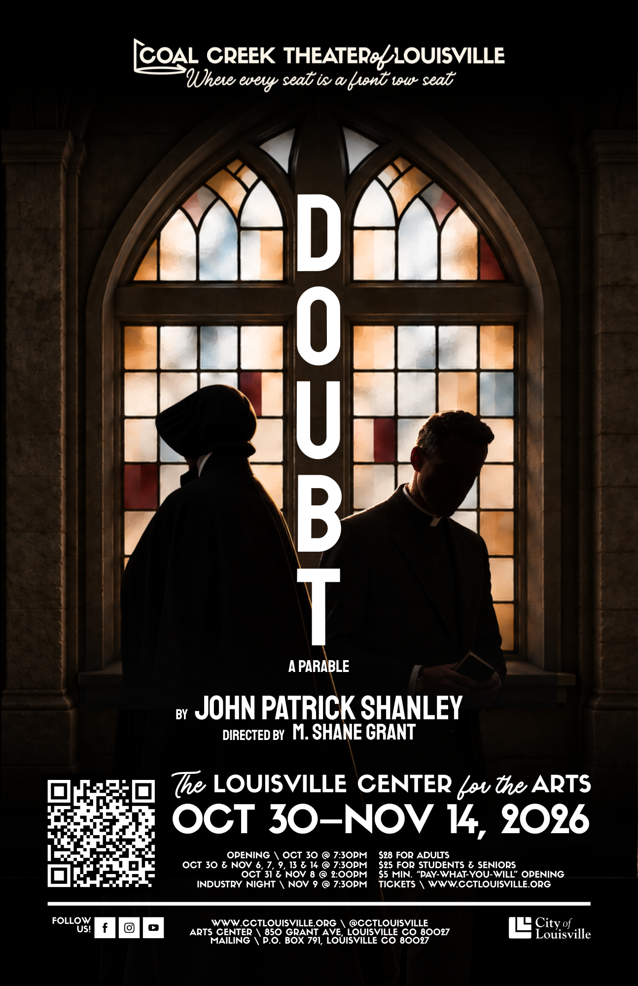 Promotional poster for the Coal Creek Theater of Louisville's fall 2026 production of "Doubt: A Parable" by John Patrick Shanley, directed by M. Shane Grant. Features vintage black-and-white images of a woman with a lavender band over her eyes and a priest holding a chalice, with a lavender geometric background.
