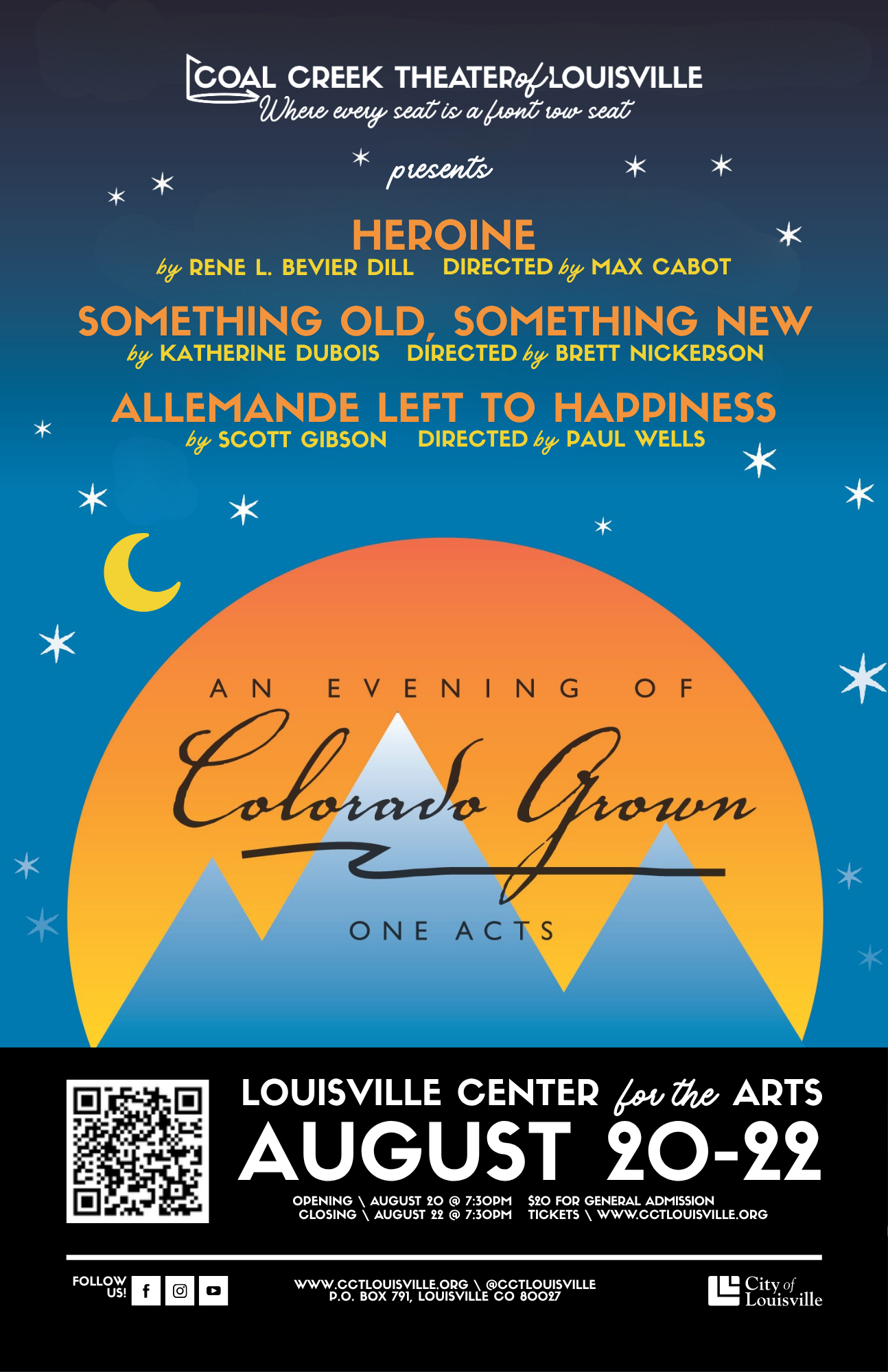 Poster advertising 'An Evening of Colorado-Grown One-Acts' presented by the Front Range Playwrights Showcase at Coal Creek Theater of Louisville, featuring a black and white photo of Flatirons mountain range with a stylized orange sun, and event details for summer 2026.