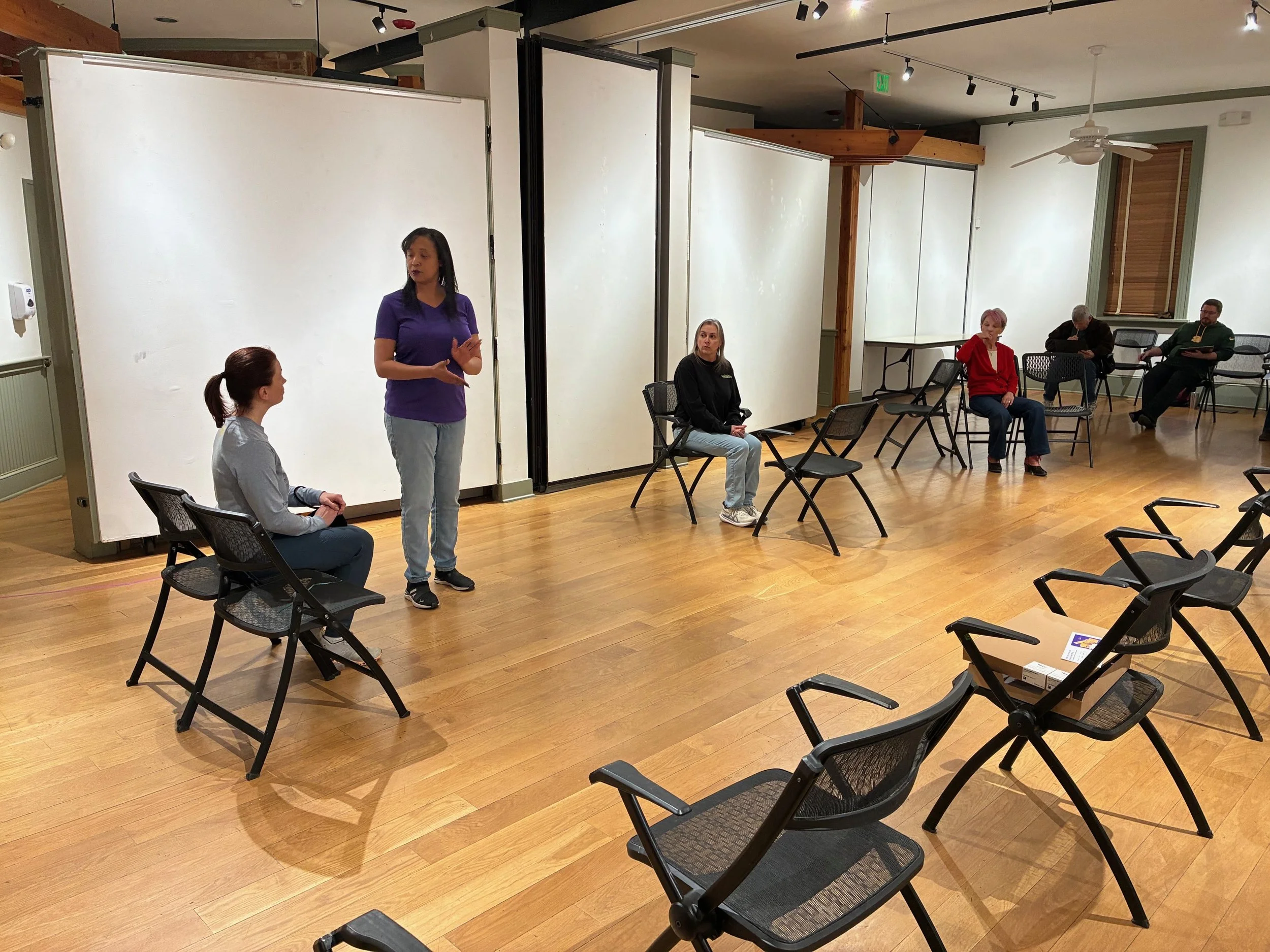  **Cast** &amp; **Crew** of *The Revolutionists* in rehearsal  **Photo by** Lynn Fleming 