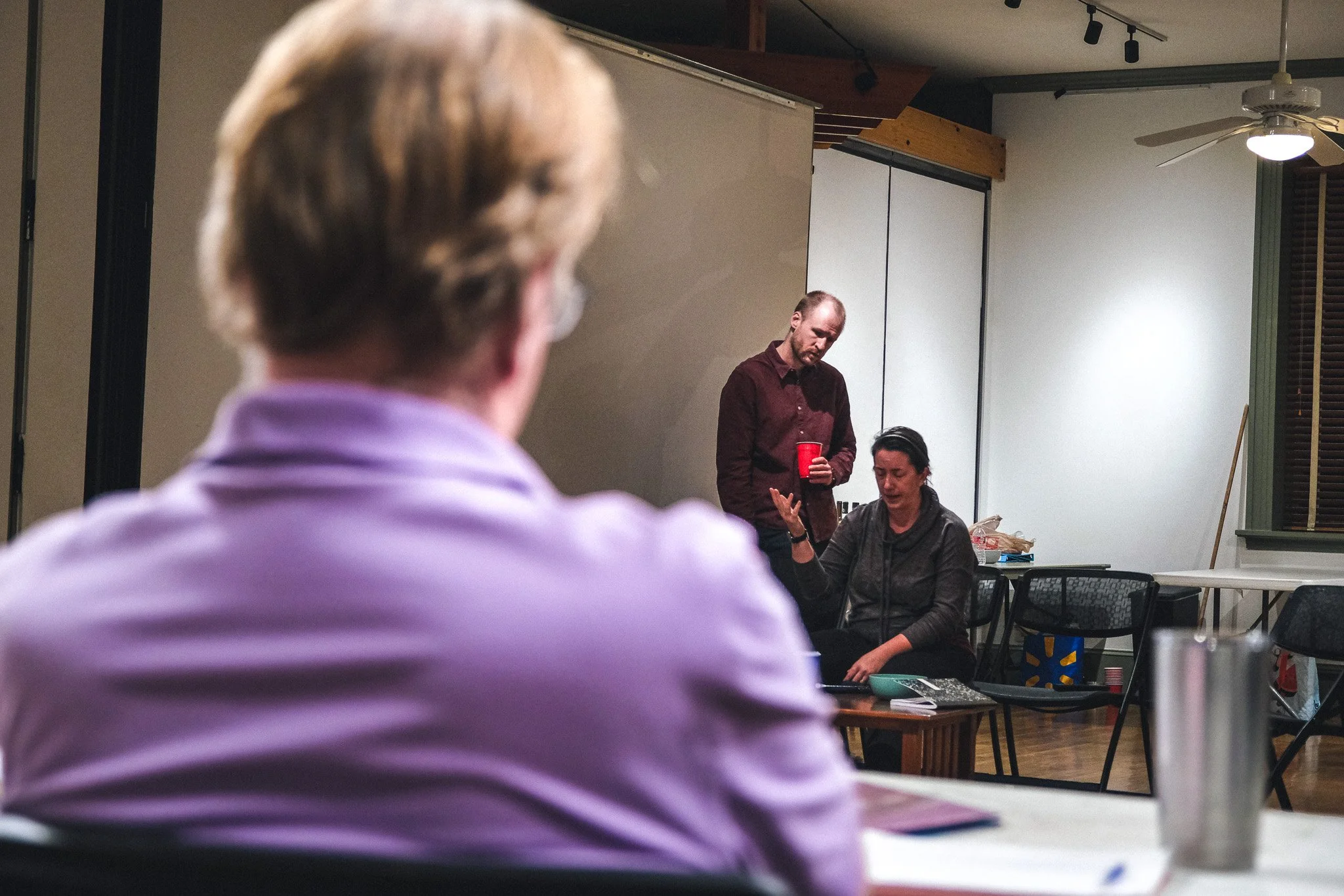  **Director** M. Shane Grant, Mark Caswell-Yee &amp; Jaccie Serbus in rehearsal  **Photo by** Katie McManus 