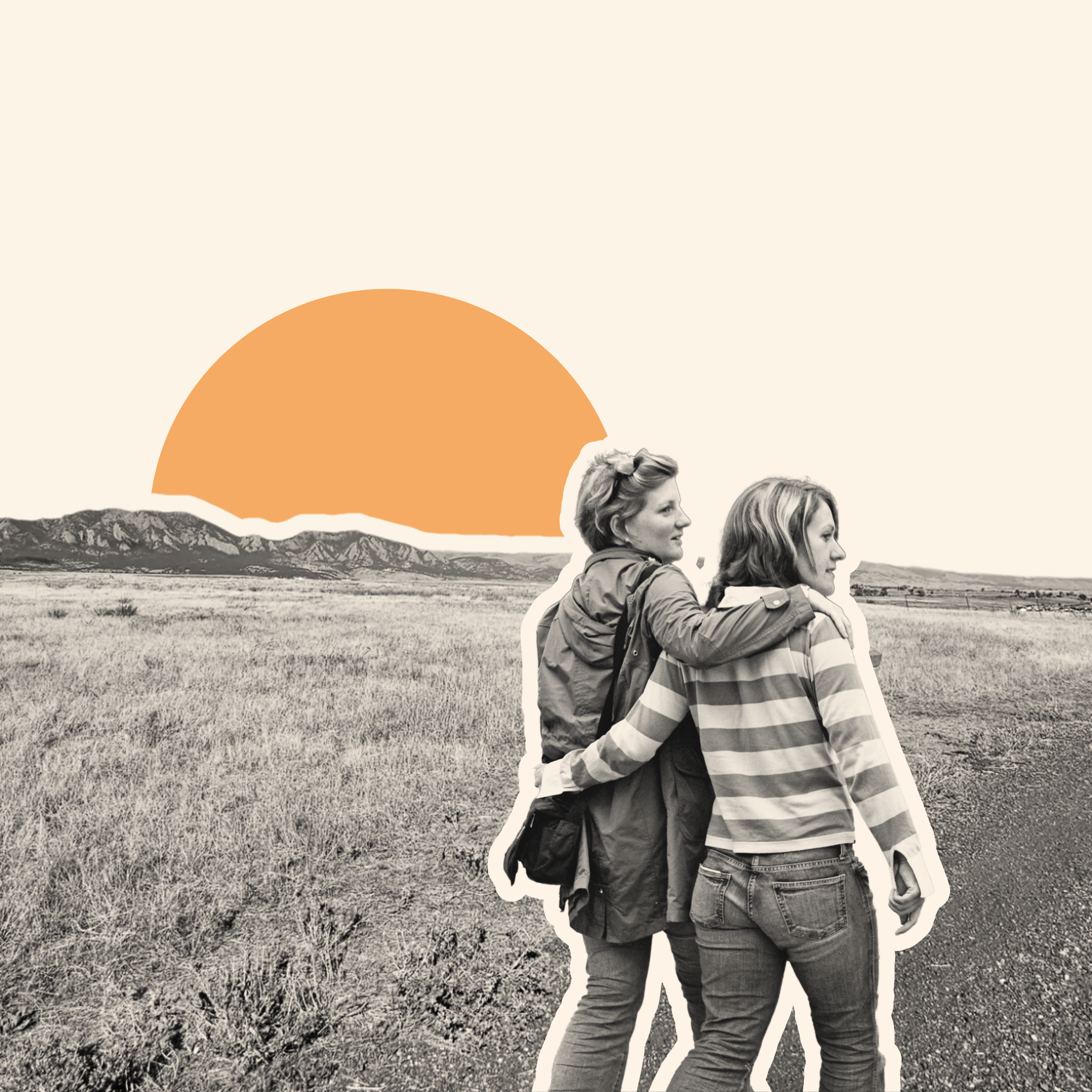 Two women with backpacks standing on a grassy plain at sunset, with mountains in the background, digital art style with a cutout effect.