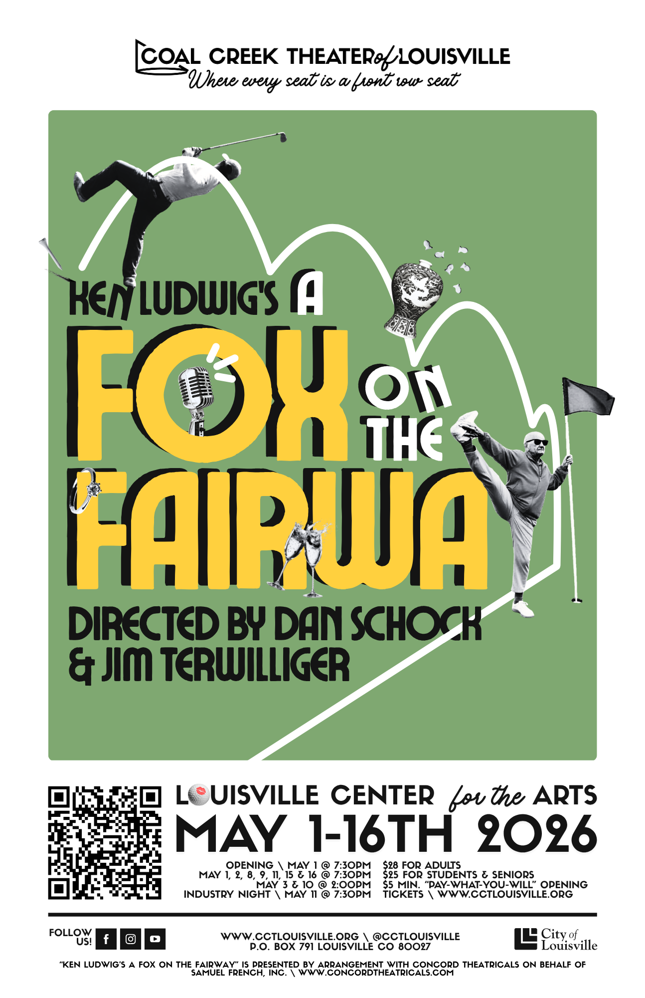 Poster for a theater production titled 'The Fox on the Fairway,' featuring a golf course with a hole, flag, and golf ball, with text mentioning Spring 2026, Ken Ludwig, directed by Dan Schock, and the Coal Creek Theater of Louisville logo.