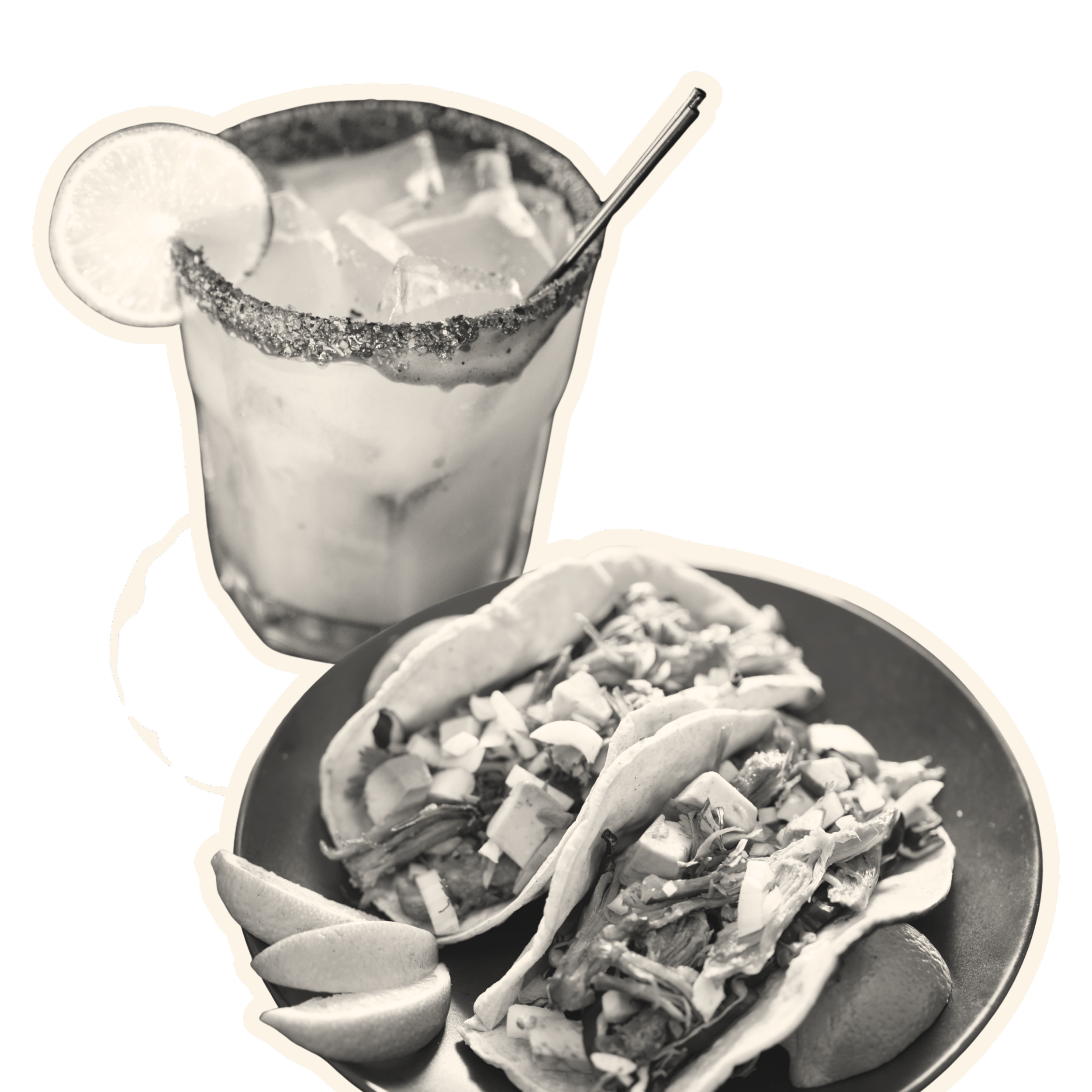 A plate with three tacos filled with meat, cheese, and vegetables, served with lemon wedges. A glass of lemon and salt margarita with ice and a slice of lemon, rimmed with salt, is also shown.