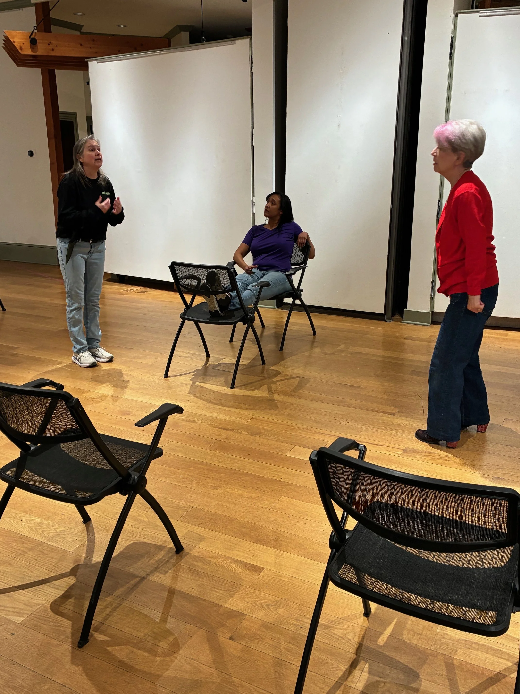  Beth Davis, Rav’n Moon &amp; Margaret Casart in rehearsal  **Photo by** Lynn Fleming 