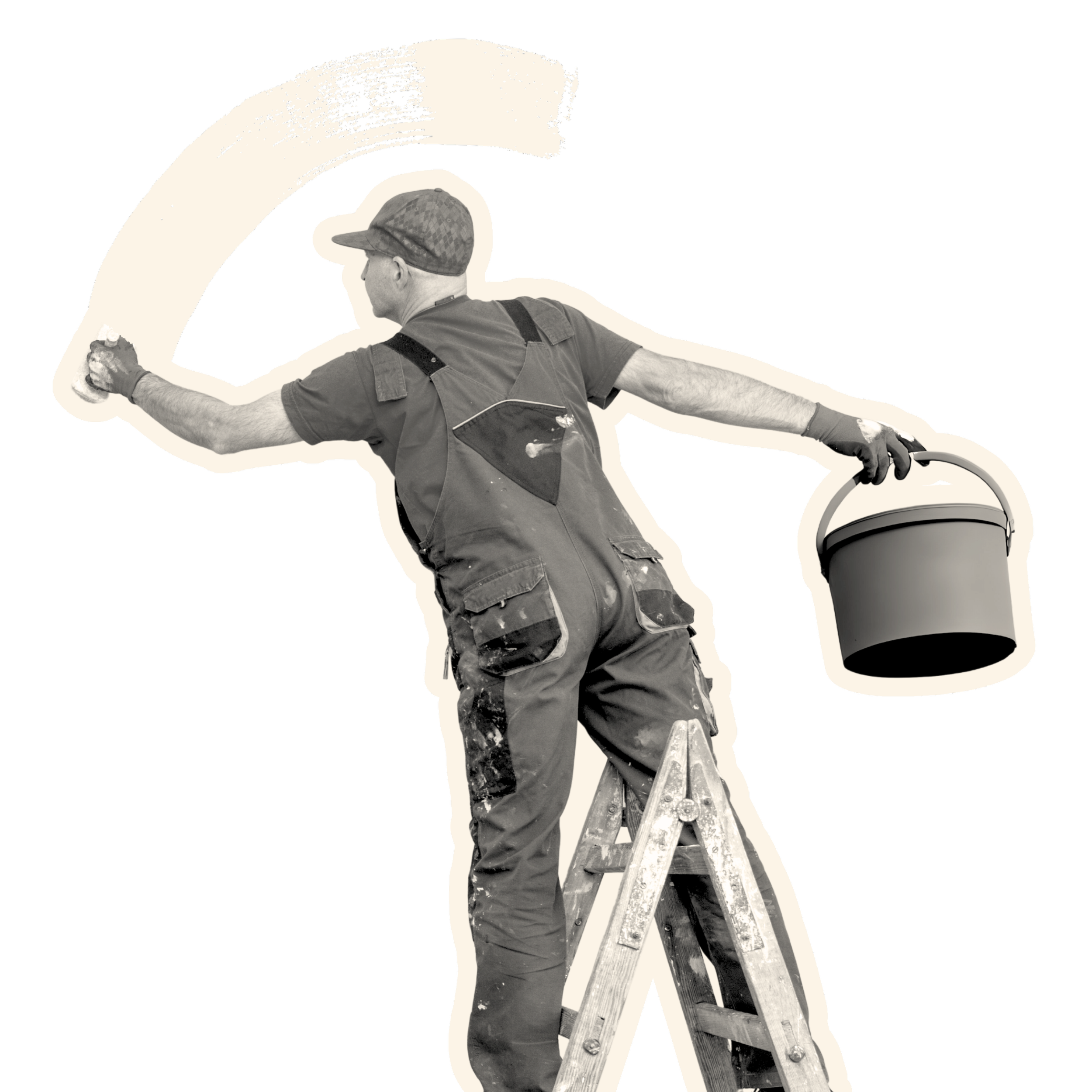 A man painting on a ladder, wearing work overalls and a cap, holding a bucket in one hand and using the other hand to paint with a brush.