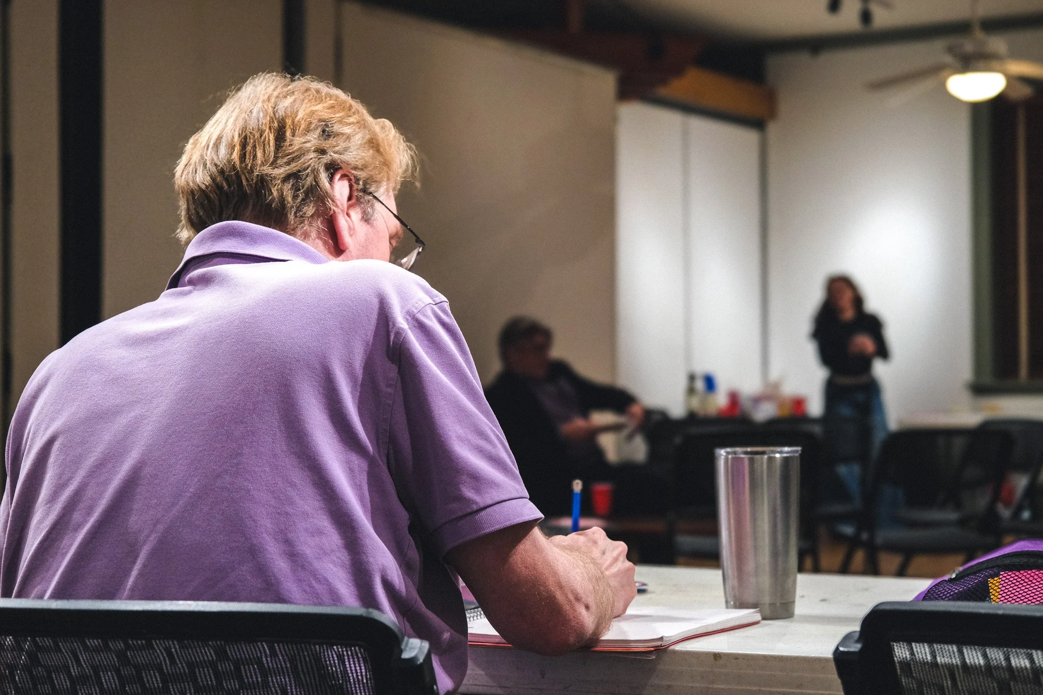 **Director** M. Shane Grant, Terence Keane &amp; Myrrh Curie Powers in rehearsal  **Photo by** Katie McManus 
