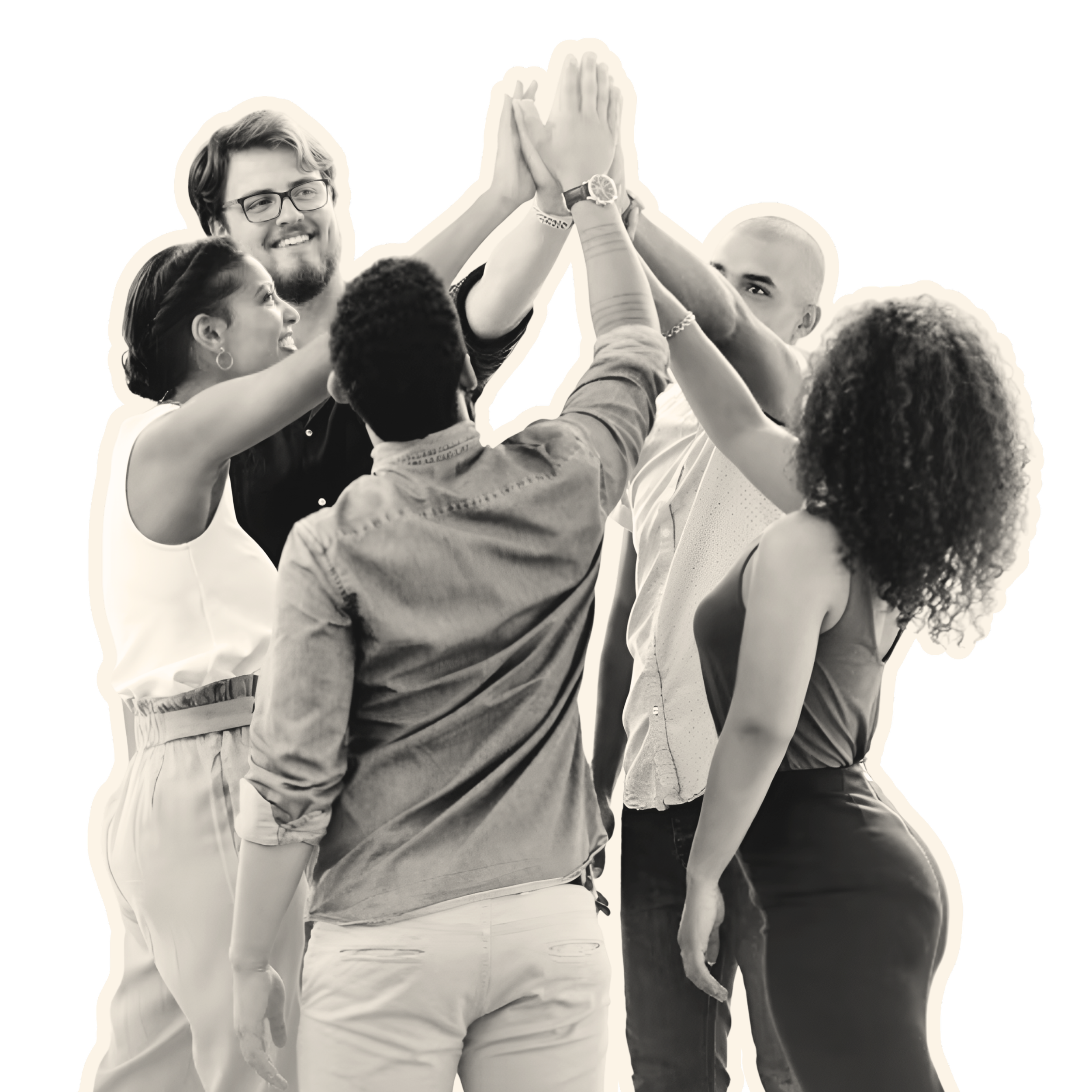 Group of diverse young adults giving a high five together, celebrating teamwork.