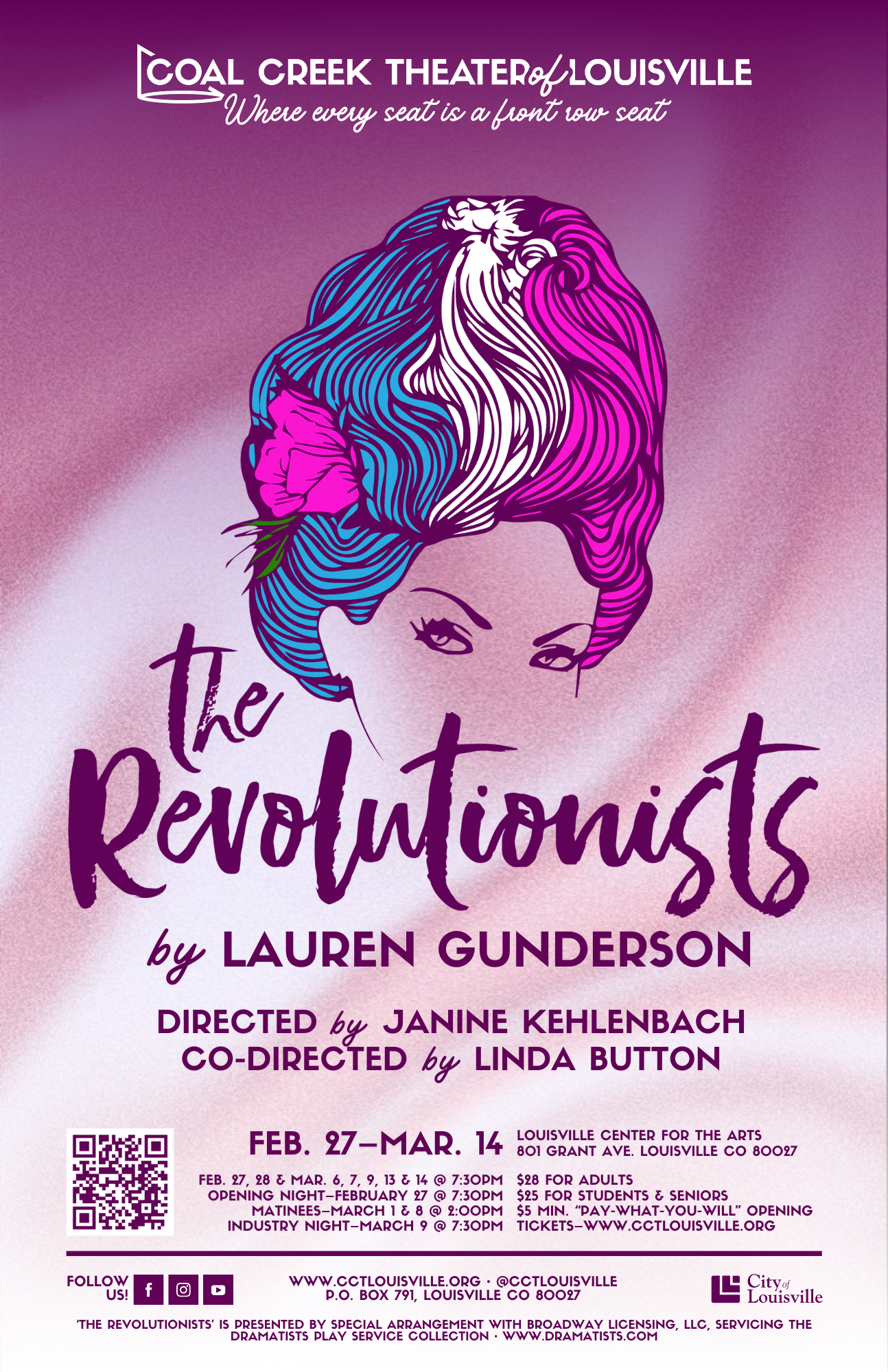 Poster for Coal Creek Theater of Louisville's production titled "The Revolutionists," featuring a historical woman with a modern touch, wearing sunglasses, with the play's description and credits, event details, and logo for the City of Louisville.