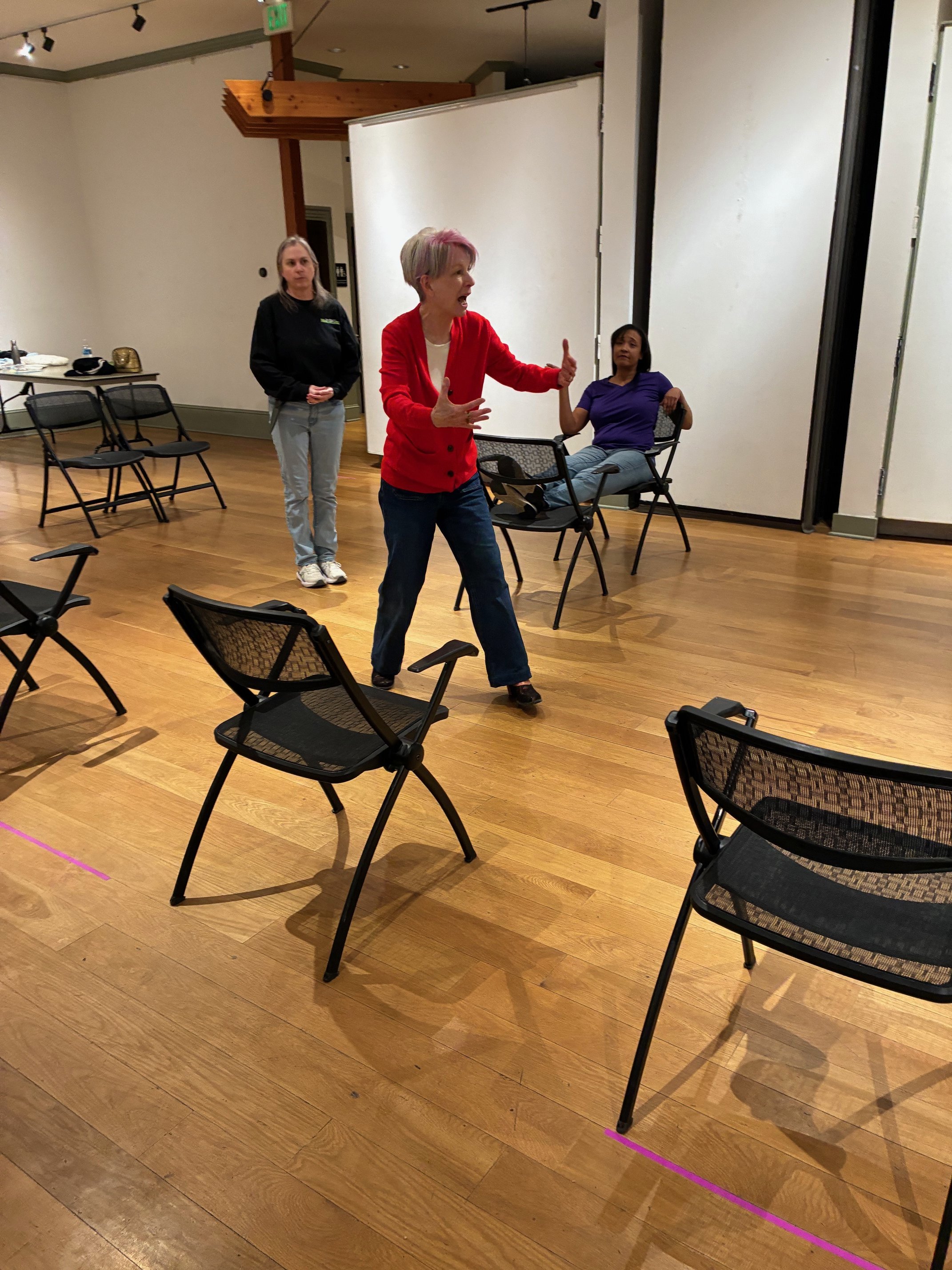  Beth Davis, Margaret Casart &amp; Rav'n Moon in rehearsal  **Photo by** Lynn Fleming 