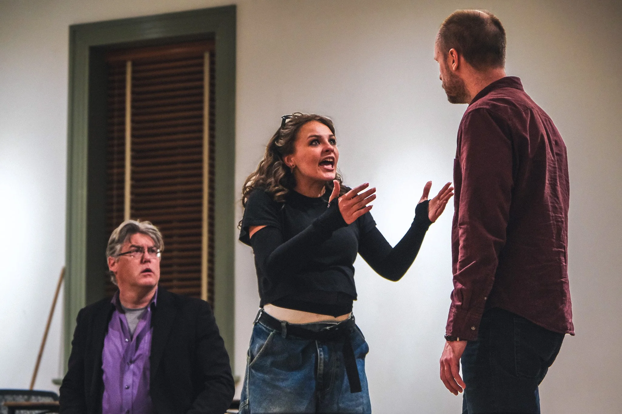  Terence Keane, Myrrh Curie Powers &amp; Mark Caswell-Yee in rehearsal  **Photo by** Katie McManus 