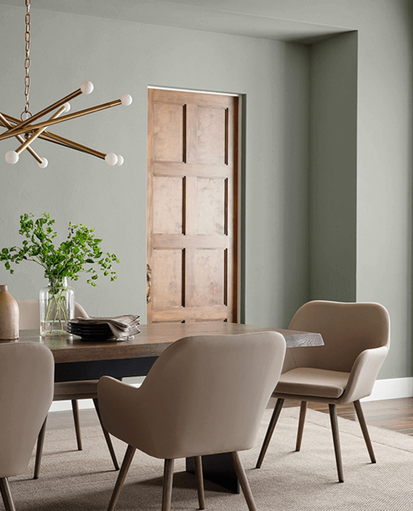 Dining Room walls painted with Evergreen Fog by Sherwin-Williams