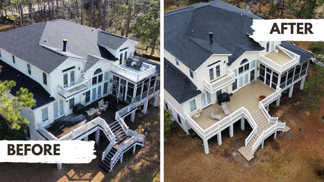 Before and after exterior house painting in Charleston SC by Coastal Paint Pros showing deck restoration and full home repaint