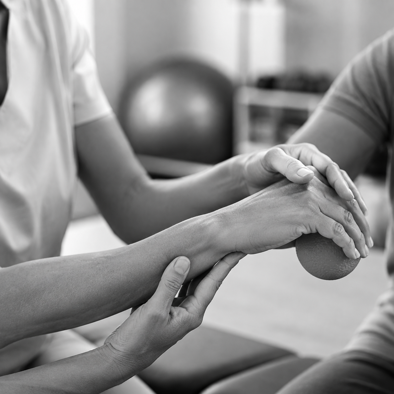Occupational therapist supporting a client’s forearm and hand during an upper-limb rehabilitation exercise.