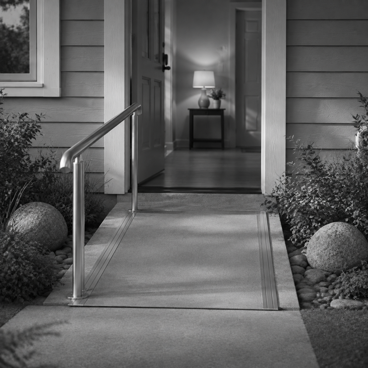  A handrail and gently sloped ramp lead through an open doorway into a warmly lit home.