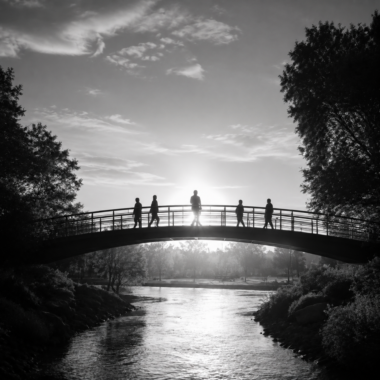 Silhouetted figures cross an arched bridge above a river toward the sunlight.