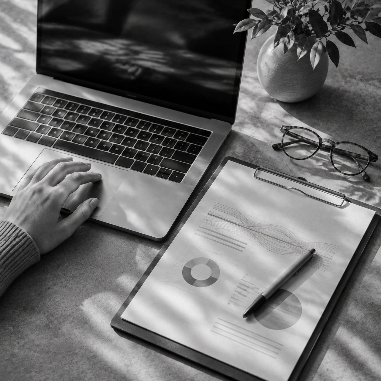 A hand rests beside a laptop, clipboard, pen and glasses on a sunlit desk.