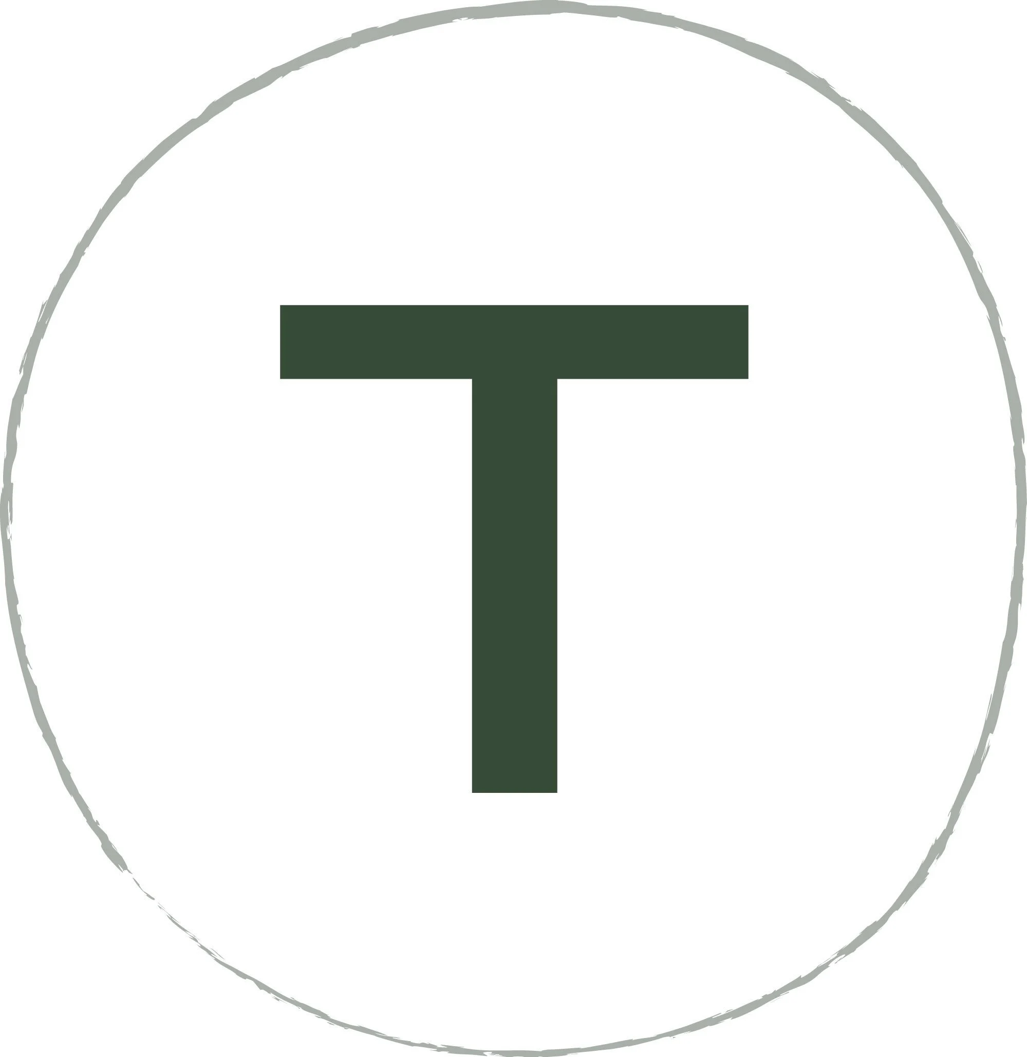 Dark green letter "T" inside a light gray circle on a white background.