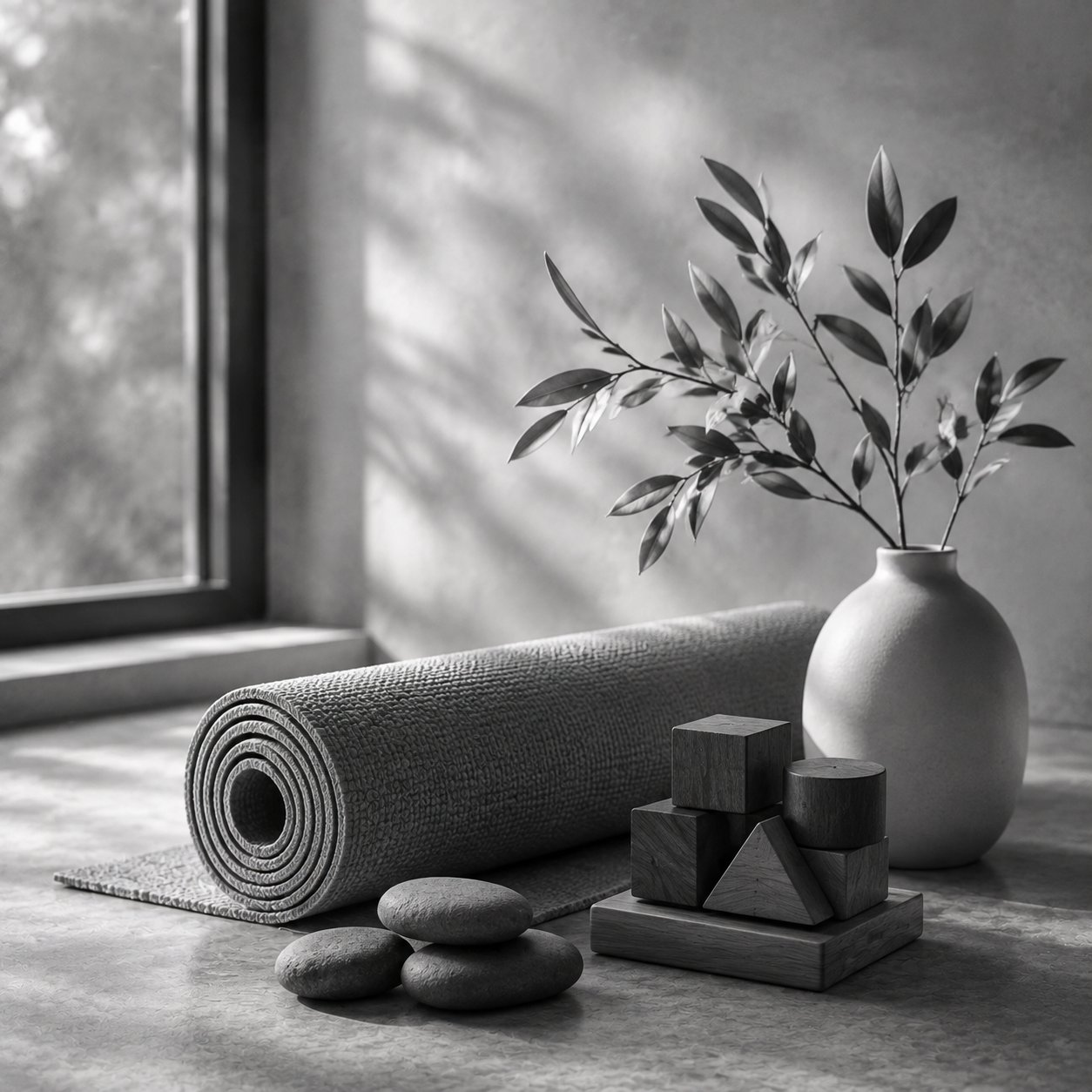 A rolled yoga mat, smooth stones and wooden shapes sit beside a vase in soft window light.