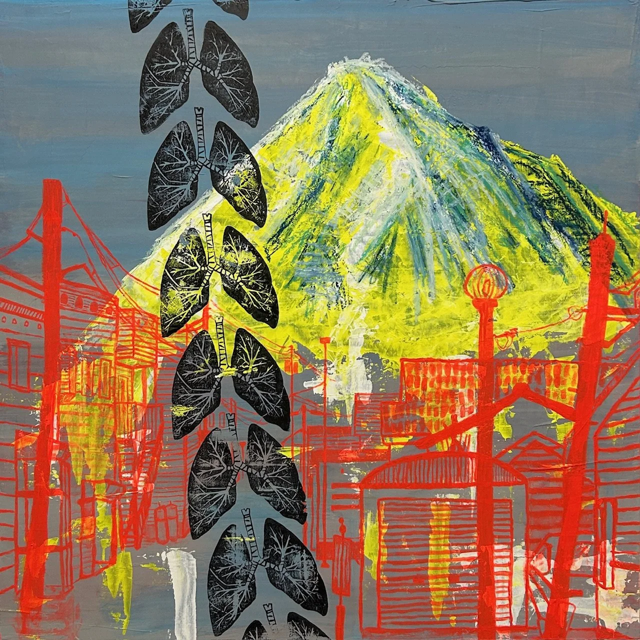 "Saturate" 2025. Acrylics, rubber stamp, pastels on wood panel. S10 (530 x 530mm).