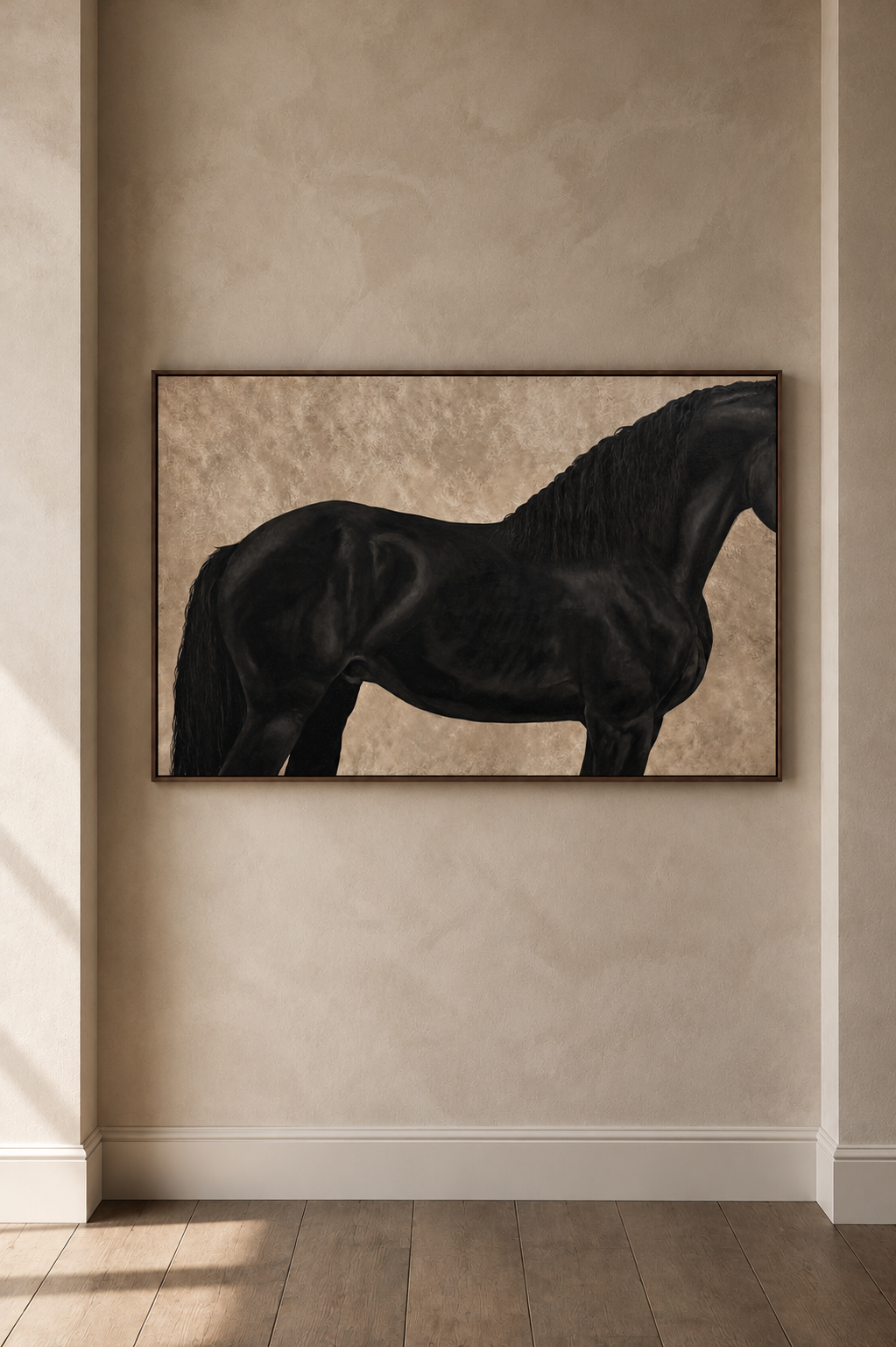 Minimalist Gallery Hallway with Black Horse Art.png