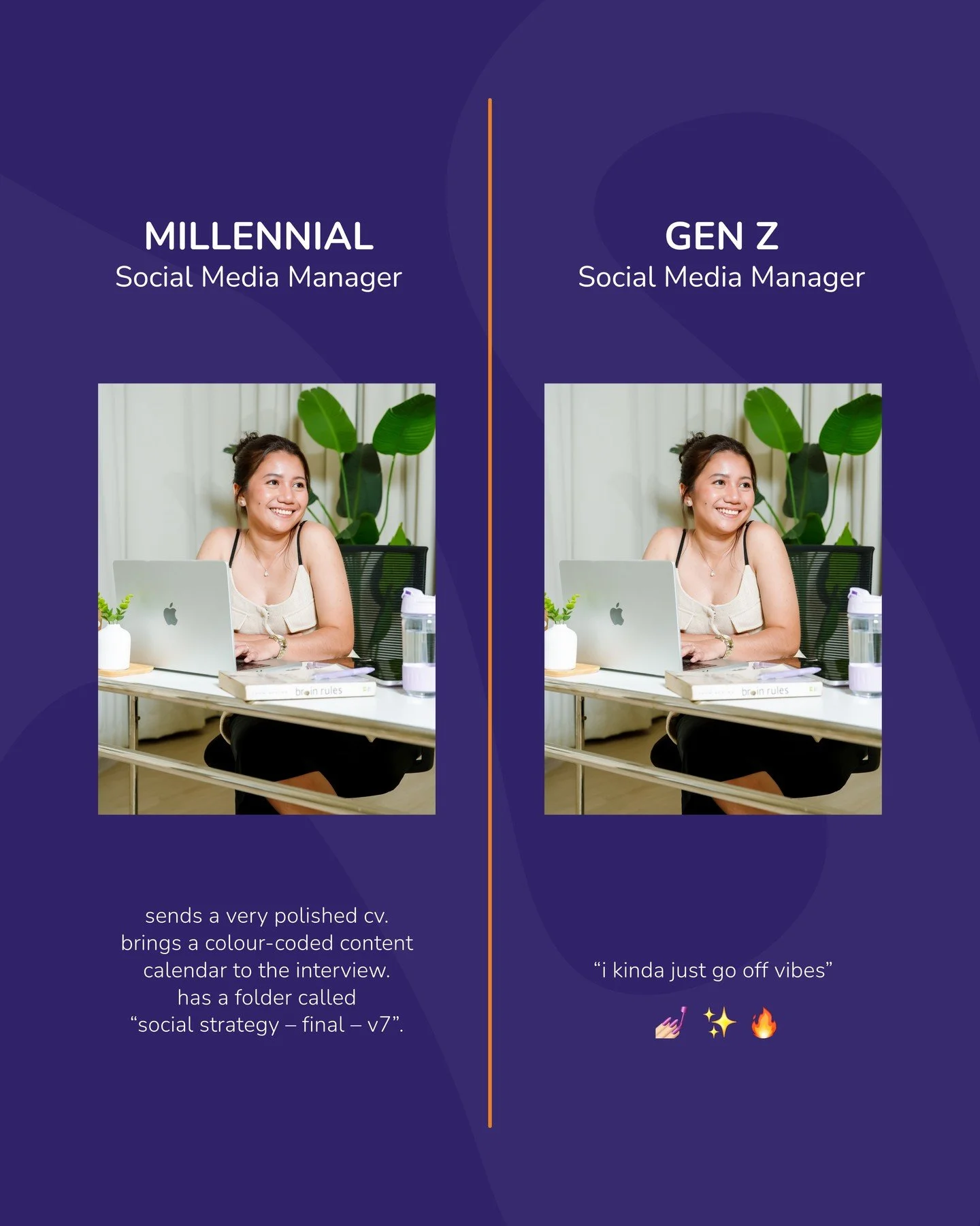&ldquo;Millennial social media manager vs Gen Z social media manager 😅

One sends a beautifully formatted CV and a 12‑tab content calendar.

The other sends a TikTok link, goes viral in 3 hours&hellip; and emotionally resigns by week three.

The tru