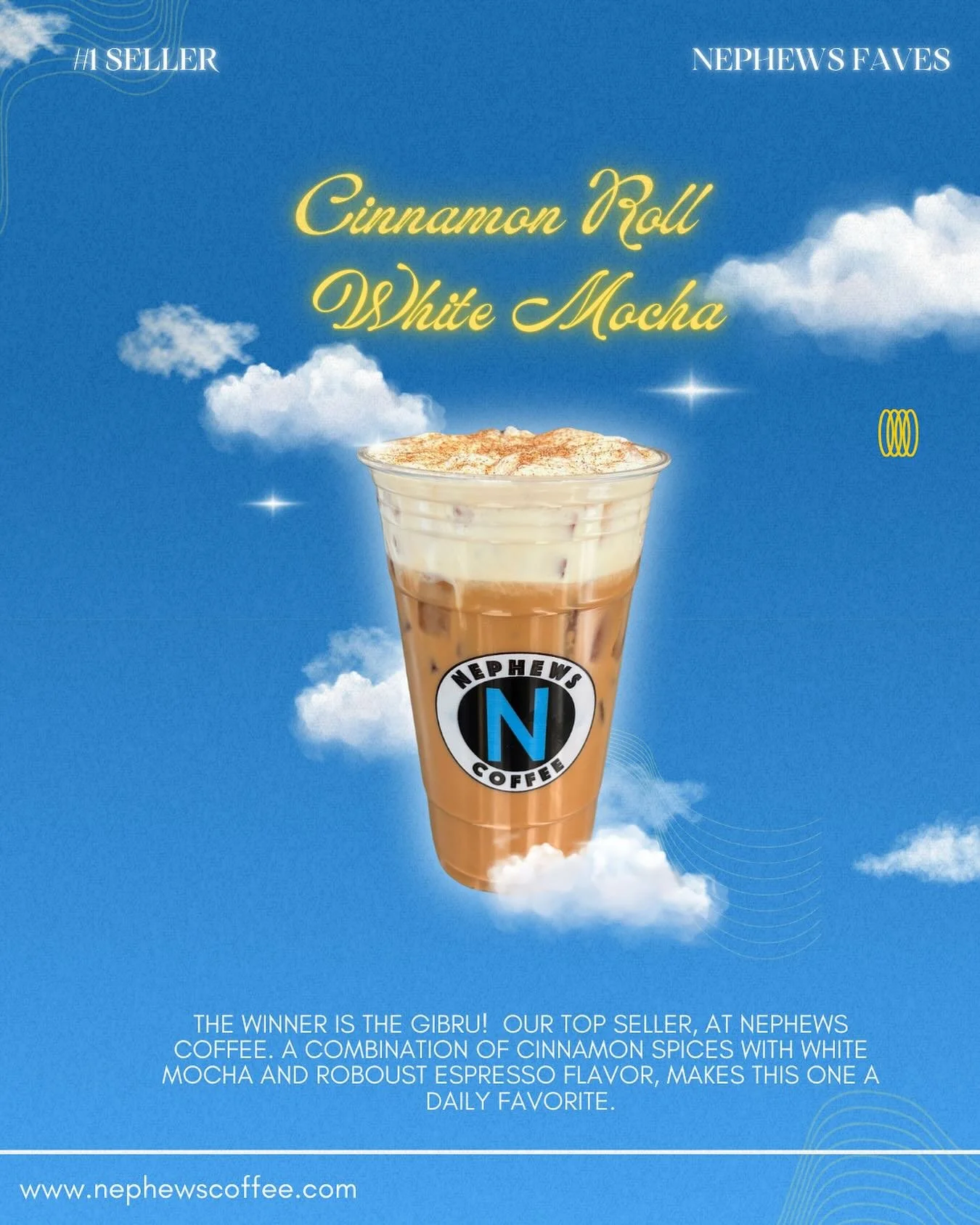 Nephews Coffee&rsquo;s best-selling Cinnamon Roll White Mocha, a staple at Nephews! where sweet cinnamon swirls and velvety mocha throw a party in every sip. ☕🎉 #ArizonaCoffee #AZCoffee #CinnamonRollMochaVibes #nephewscoffee #northphoenix