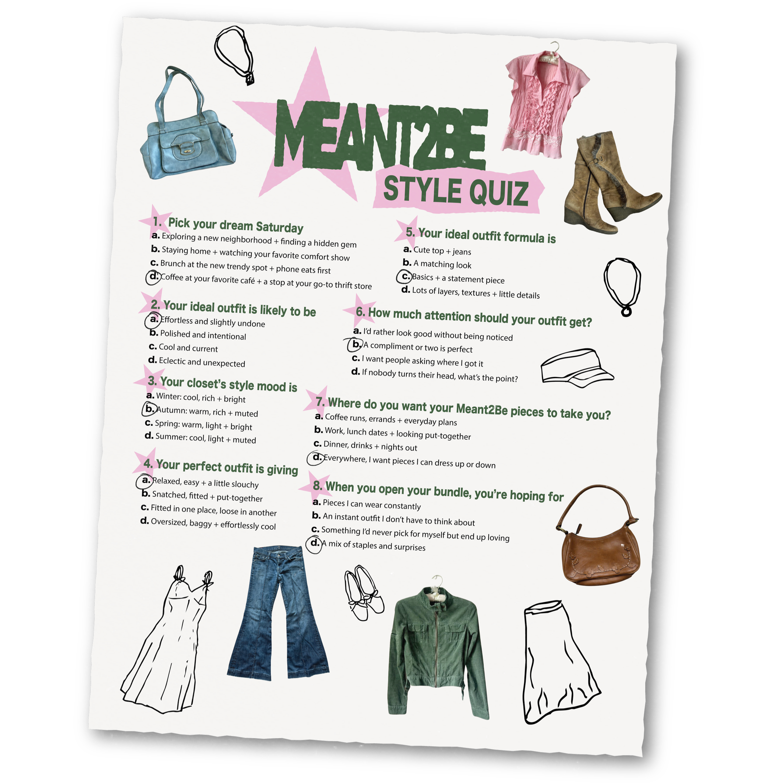 A collage-style style quiz graphic titled 'MEANT2BE STYLE QUIZ' with illustrations of clothing and accessories, seamlessly mixed with photographs of actual clothing items including a blue handbag, pink blouse, and pairs of jeans and jackets, along with doodles of additional accessories like necklaces.