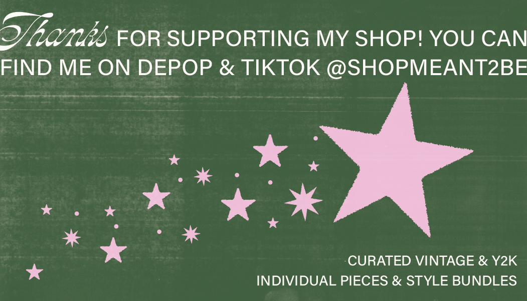 A green background graphic with pink stars and text thanking supporters, promoting a shop on Depop and TikTok for vintage and unique pieces.