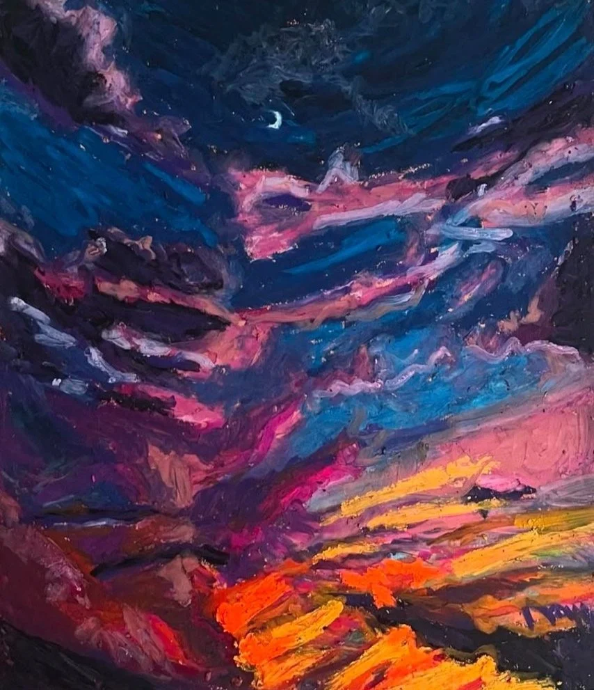 This is an abstract oil pastel drawing of a colorful sky at sunset or sunrise, with deep blue, pink, purple, and orange hues and a sliver of a crescent moon visible in the night sky.