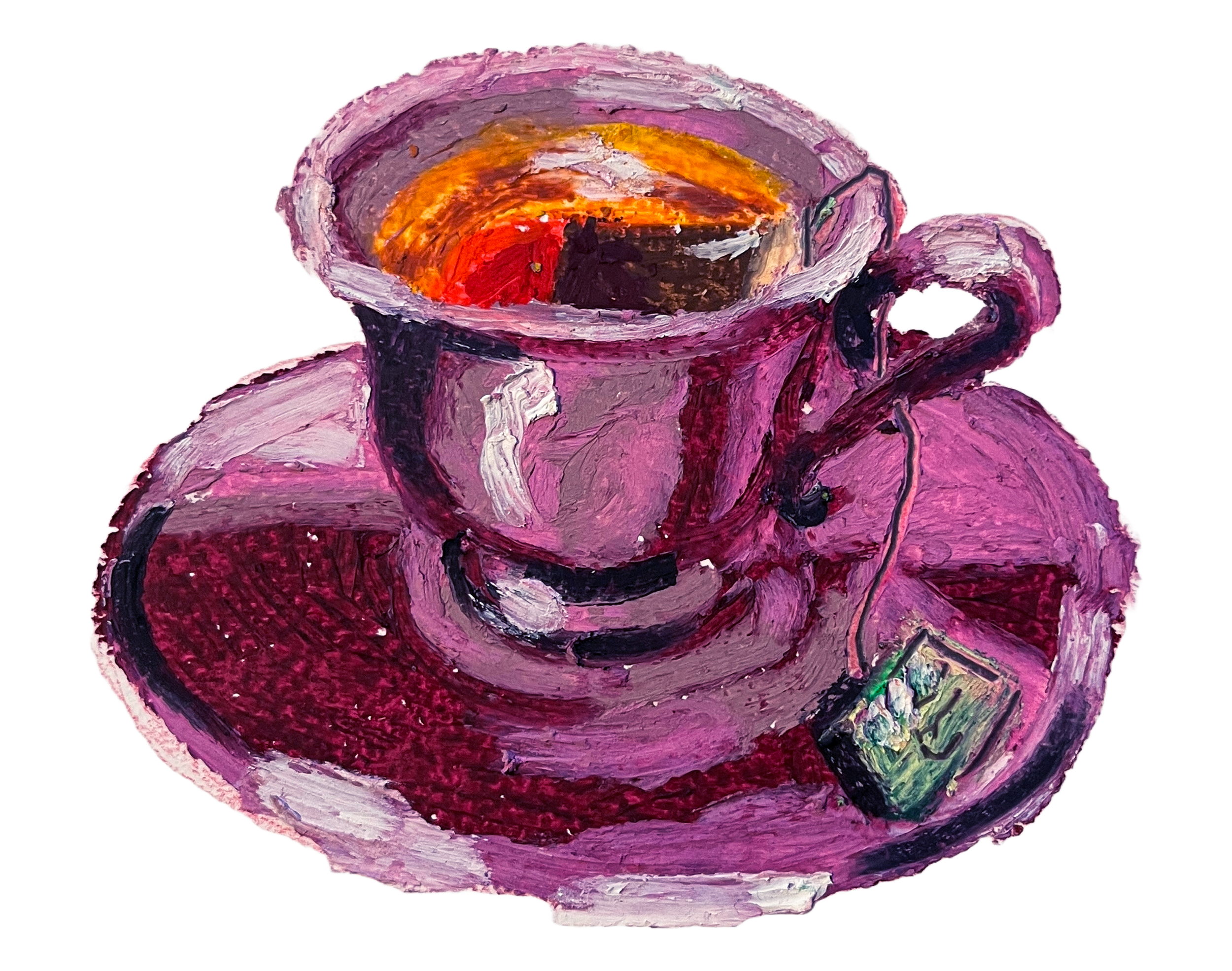 Oil pastel drawing of a pink cup filled with hot coffee on a matching pink saucer, with a tea bag tag resting on the saucer.