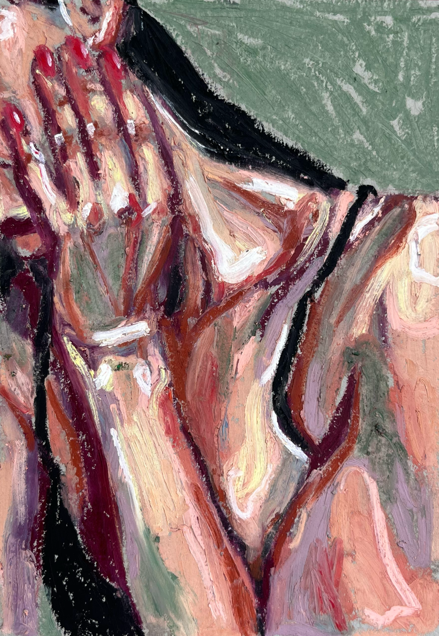 Oil pastel drawing of a person with hands on their head, using bold marks and a mix of colors including pinks, reds, greens, and blacks.