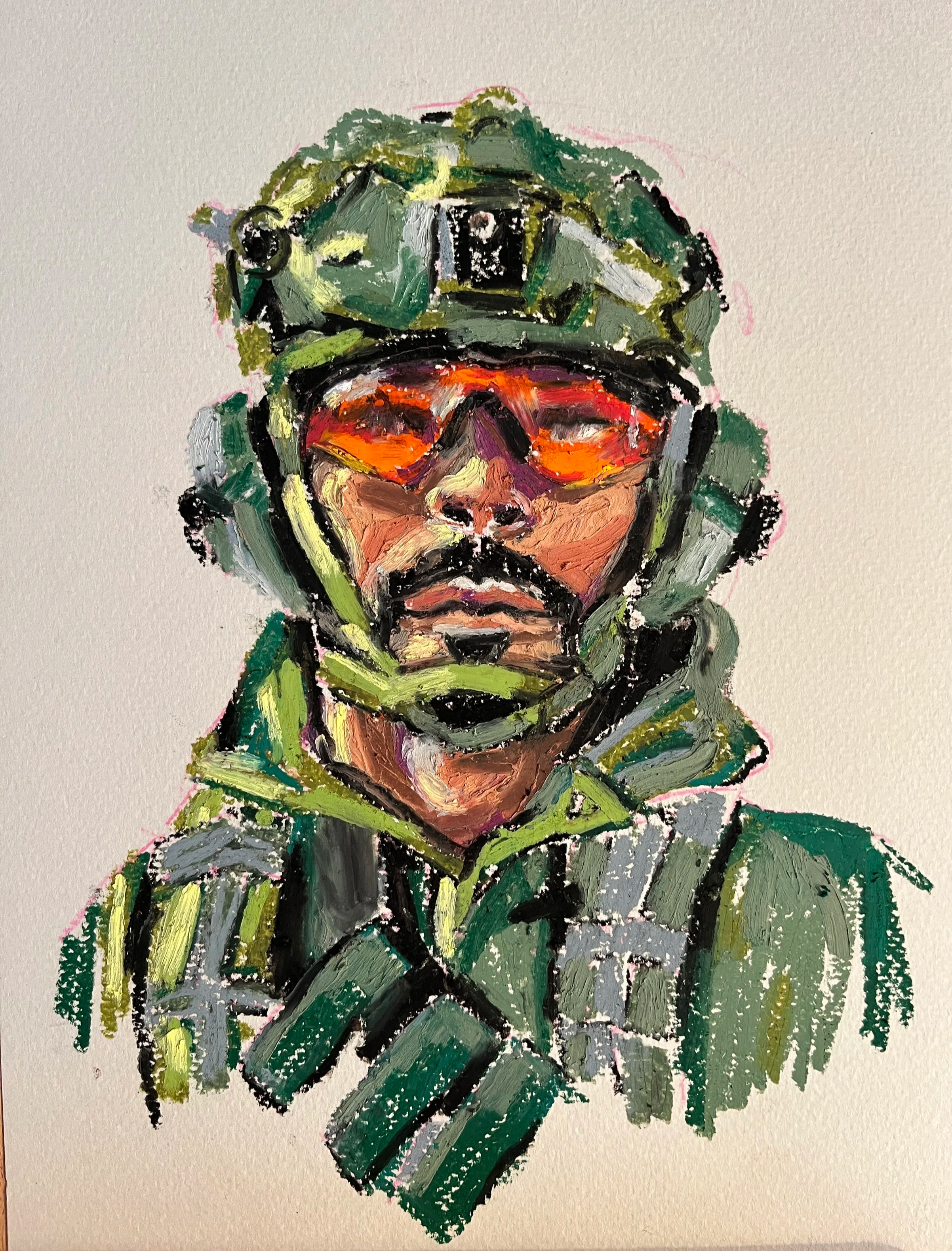 Oil pastel portrait of a soldier in camouflage uniform wearing a helmet and orange sunglasses, painted with bold, textured pastel marks.