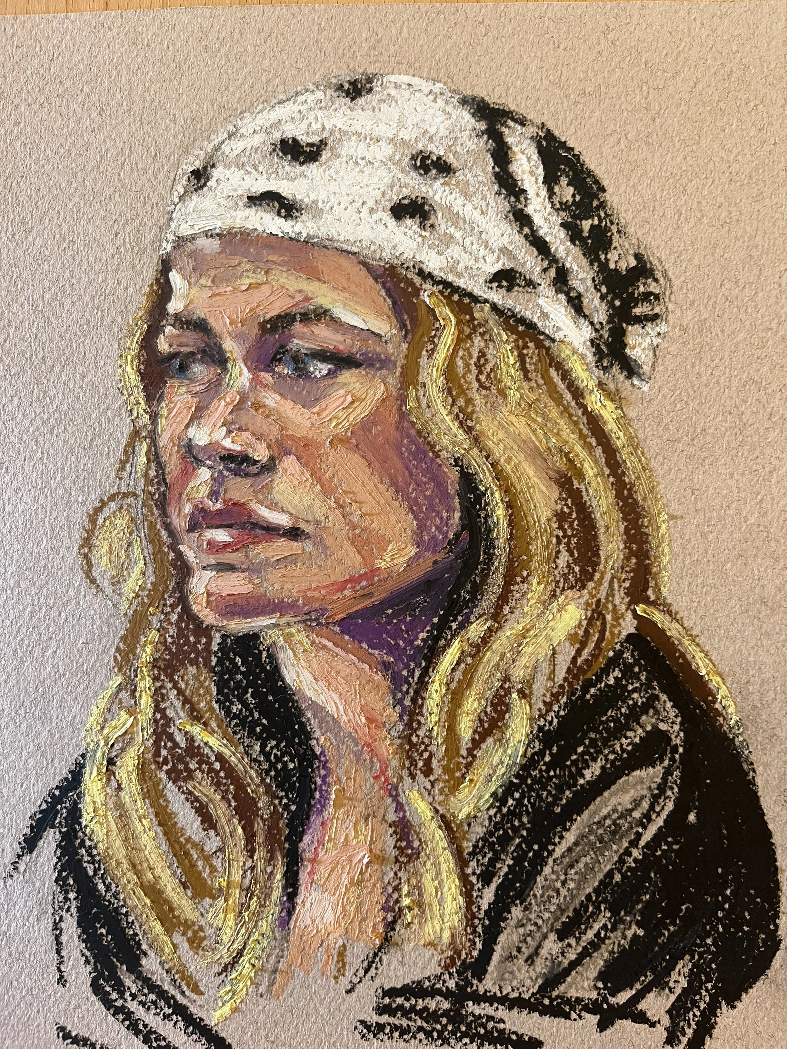 Oil pastel portrait of a young woman with blonde wavy hair wearing a white bandana with black spots and a black top, painted with thick textured pastel marks.